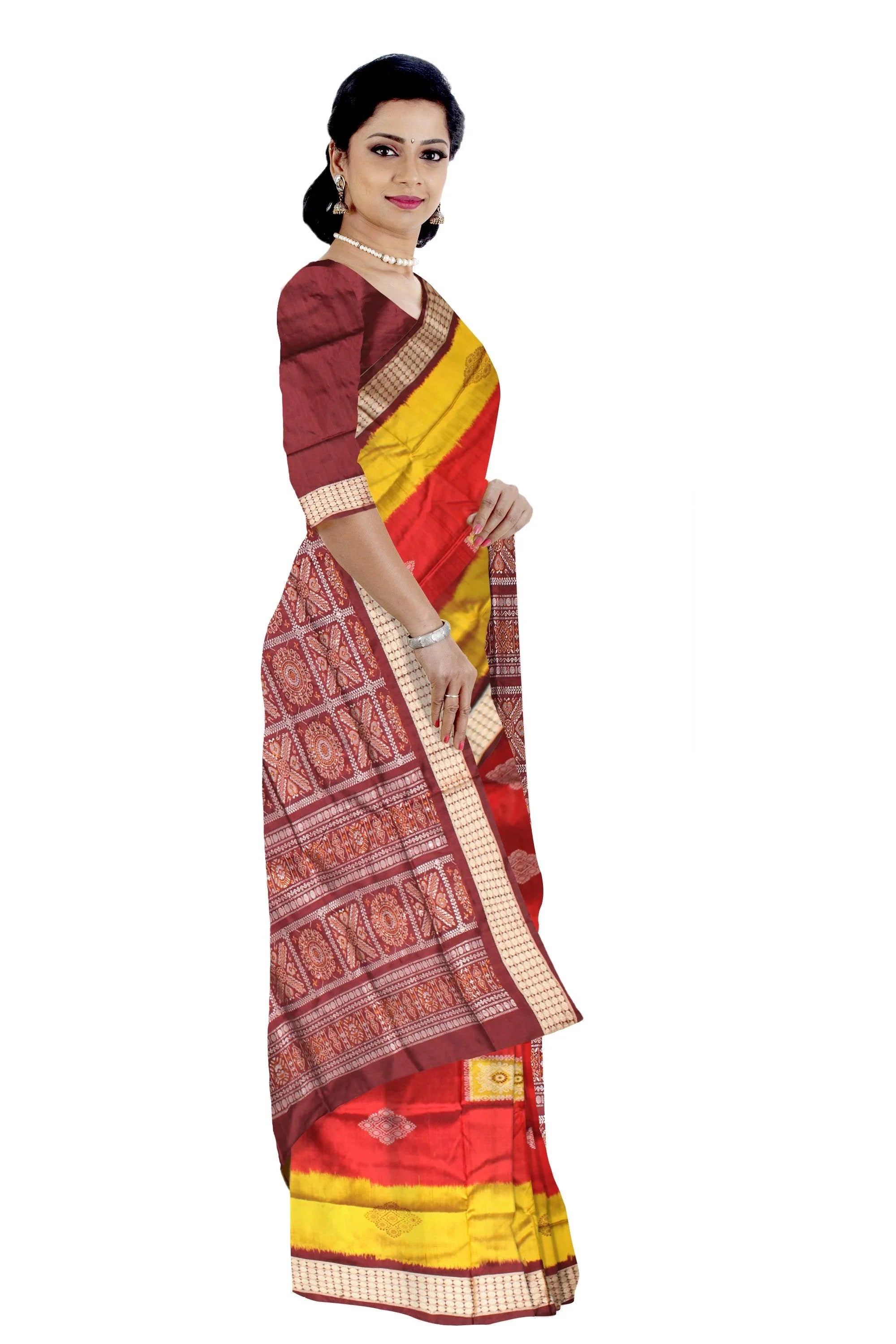 Sambalpuri Pata Saree in Maroon and Yellow Color in box design with Silver color Border with blouse piece. - Koshali Arts & Crafts Enterprise