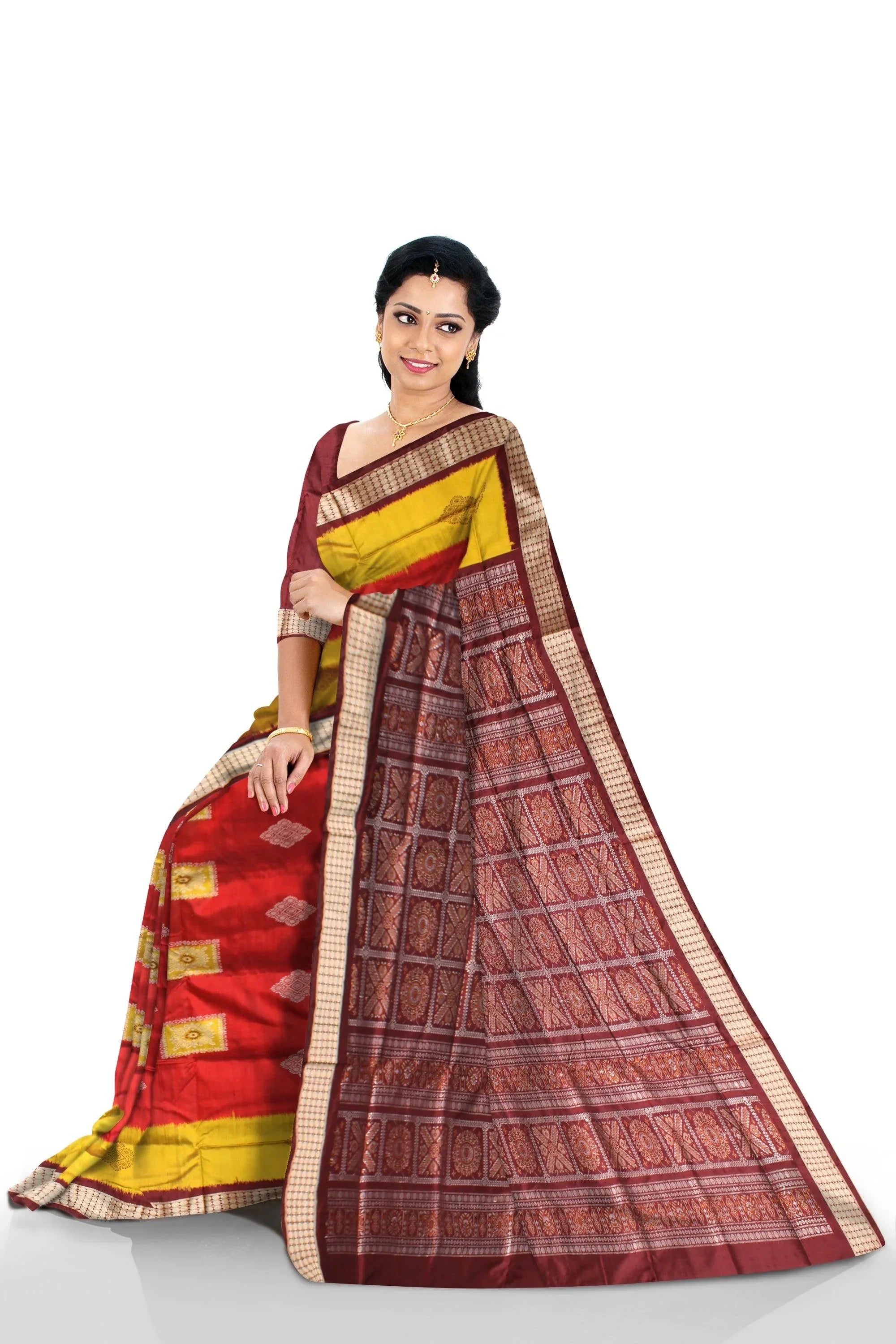 Sambalpuri Pata Saree in Maroon and Yellow Color in box design with Silver color Border with blouse piece. - Koshali Arts & Crafts Enterprise
