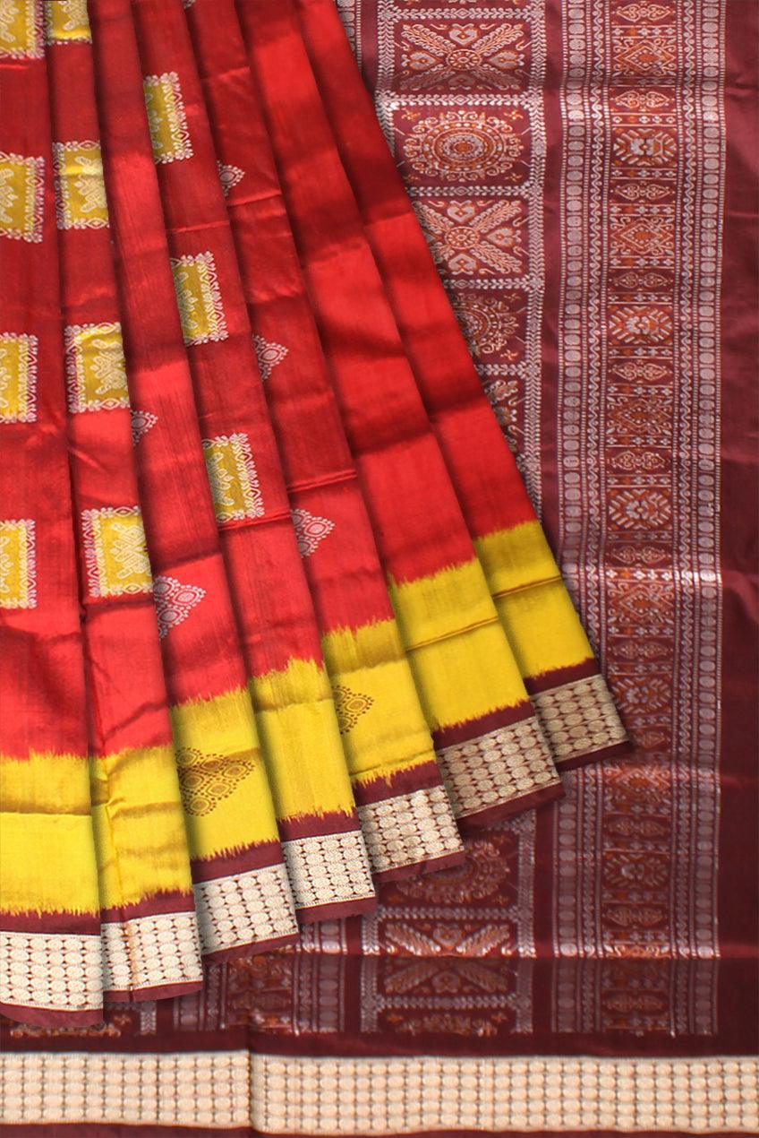 Sambalpuri Pata Saree in Maroon and Yellow Color in box design with Silver color Border with blouse piece. - Koshali Arts & Crafts Enterprise