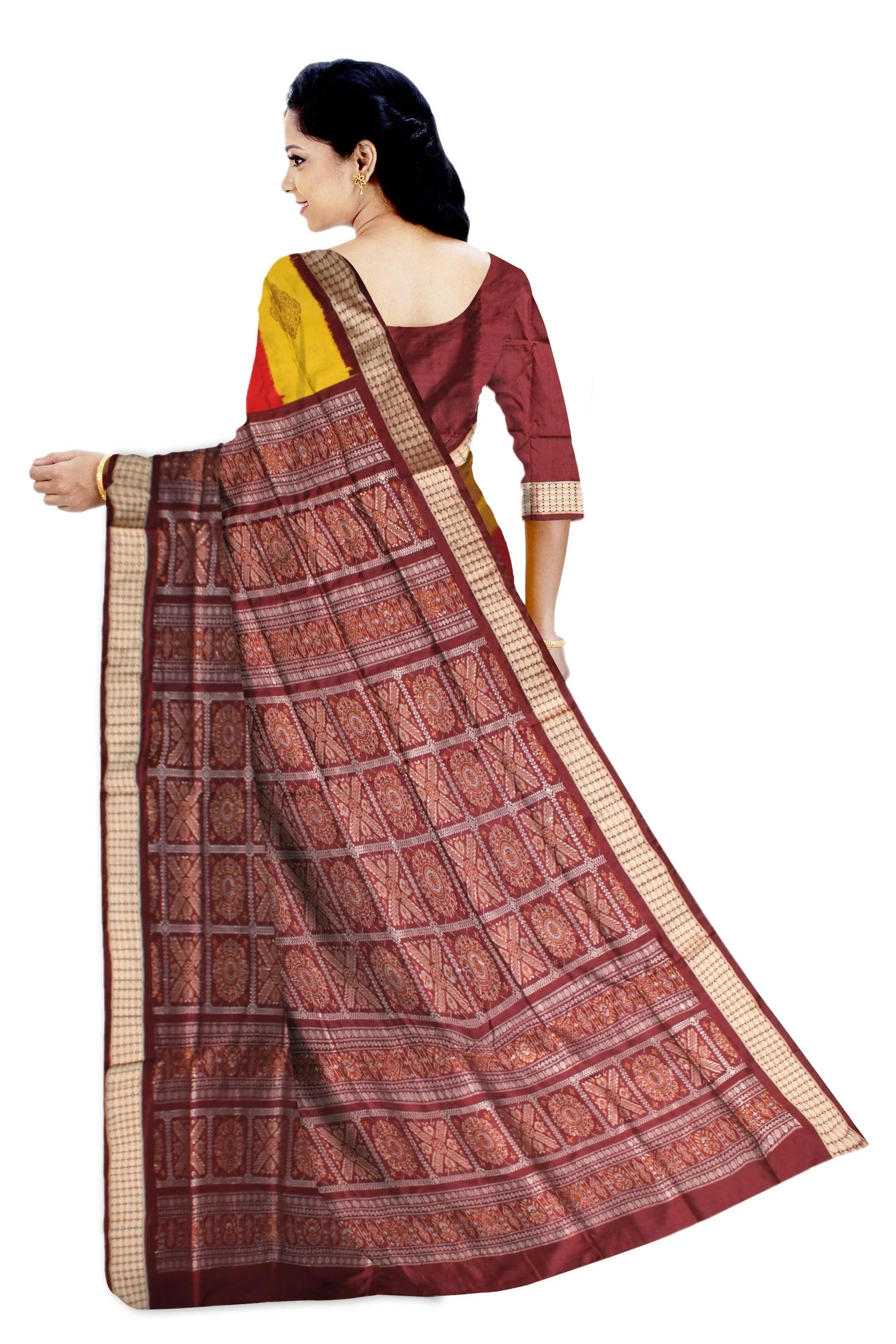 Sambalpuri Pata Saree in Maroon and Yellow Color in box design with Silver color Border with blouse piece. - Koshali Arts & Crafts Enterprise