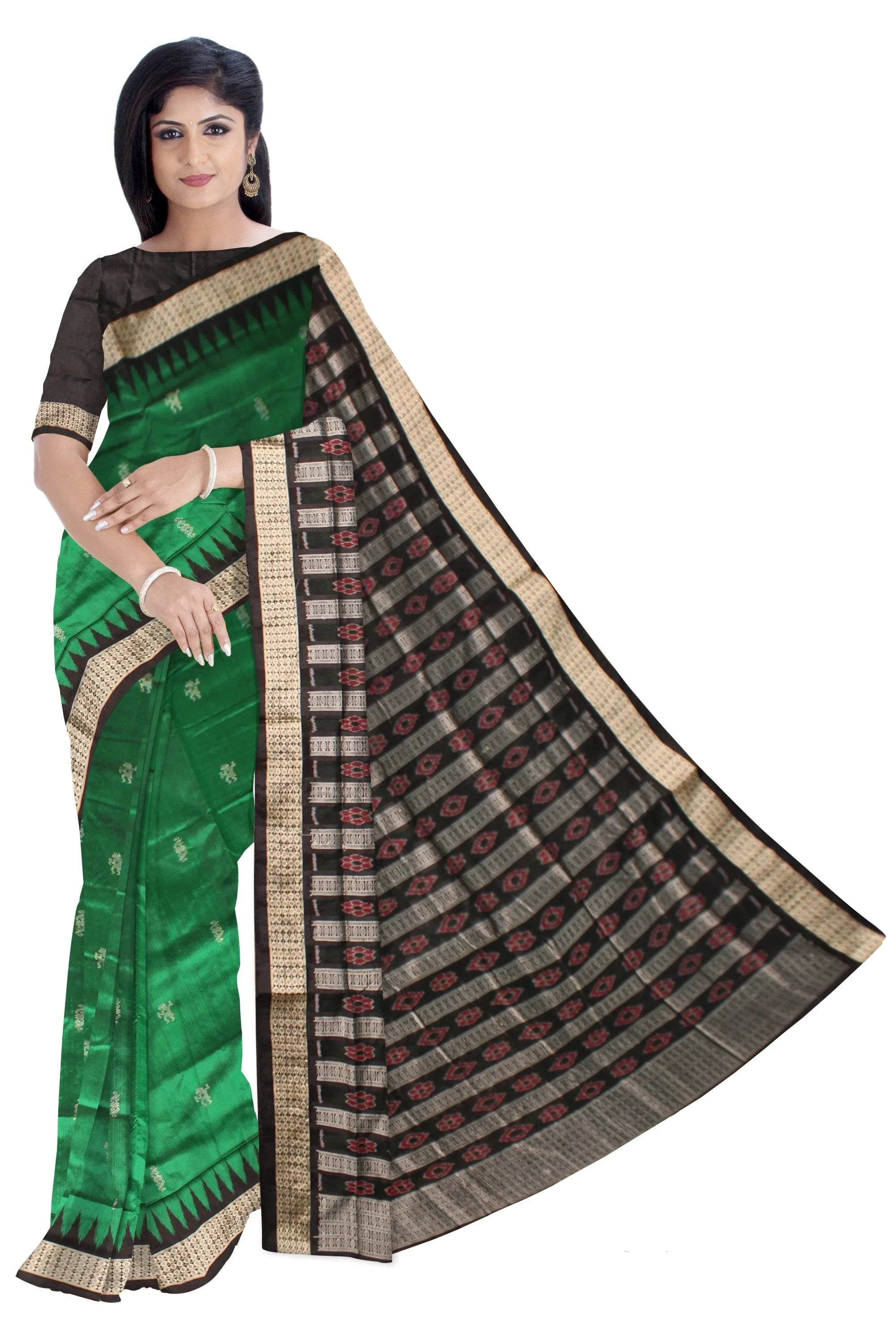 Sambalpuri Pata Saree in Green Color in botty design with Black Border with blouse piece. - Koshali Arts & Crafts Enterprise