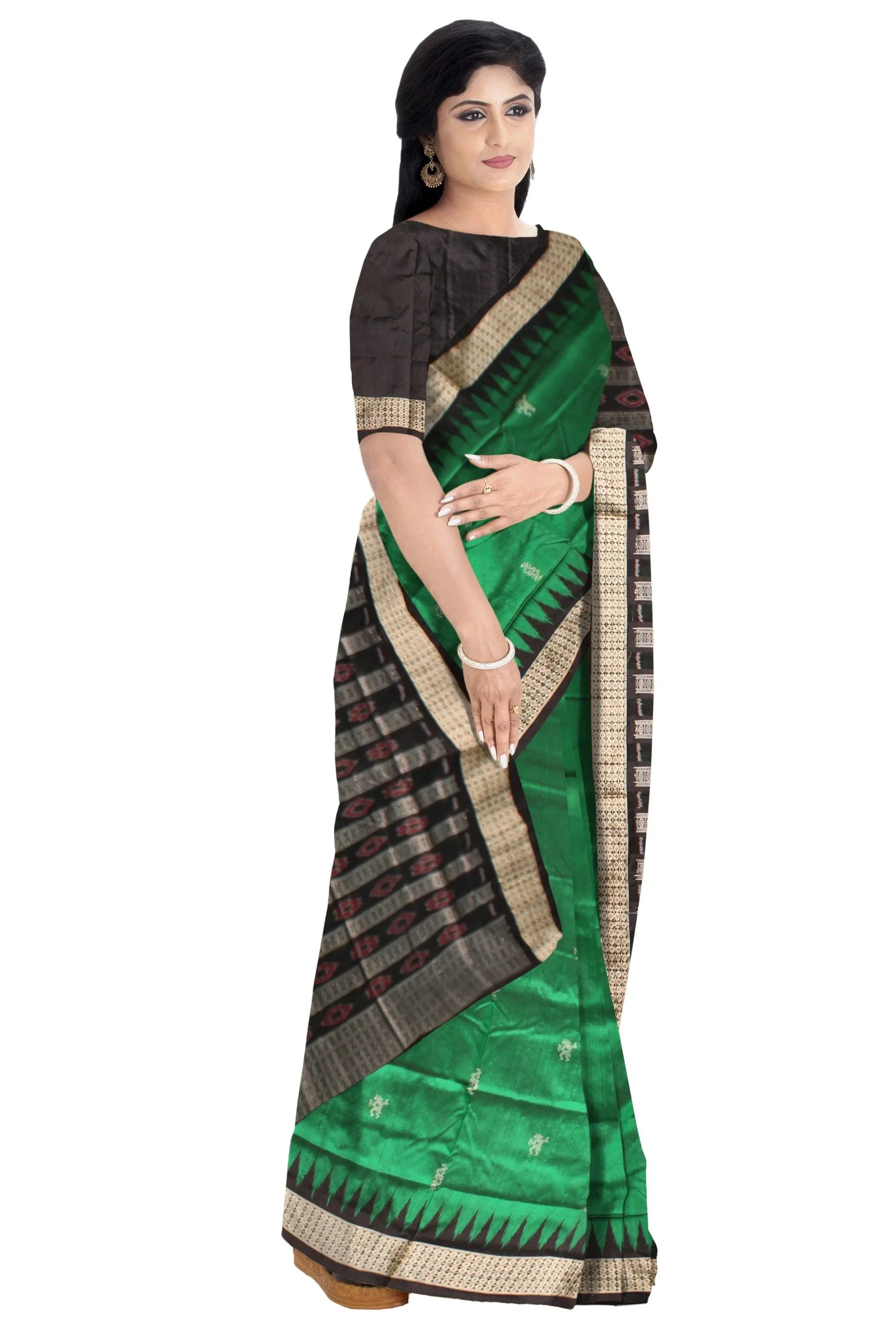 Sambalpuri Pata Saree in Green Color in botty design with Black Border with blouse piece. - Koshali Arts & Crafts Enterprise