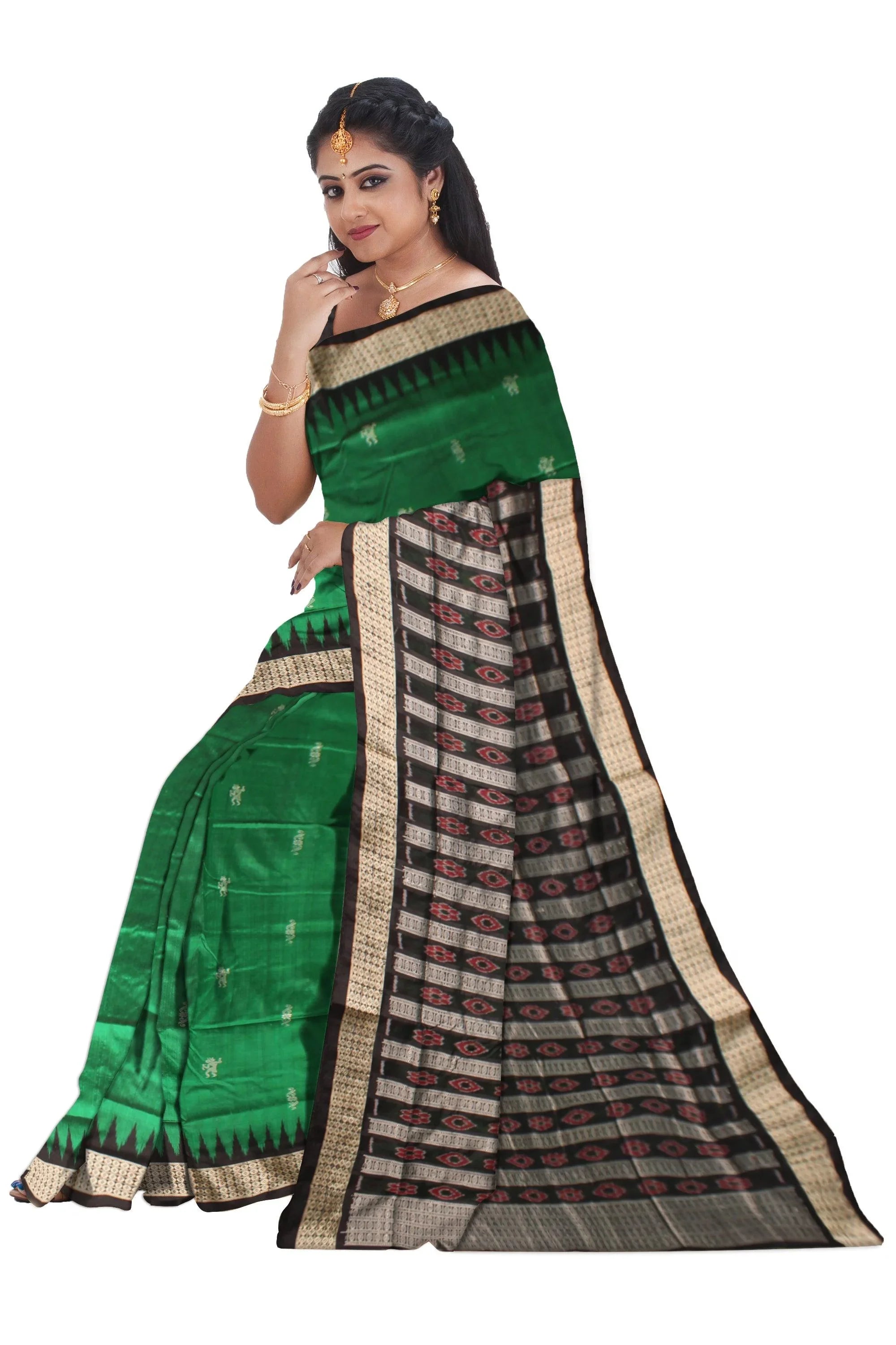 Sambalpuri Pata Saree in Green Color in botty design with Black Border with blouse piece. - Koshali Arts & Crafts Enterprise