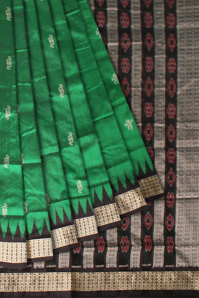 Sambalpuri Pata Saree in Green Color in botty design with Black Border with blouse piece. - Koshali Arts & Crafts Enterprise