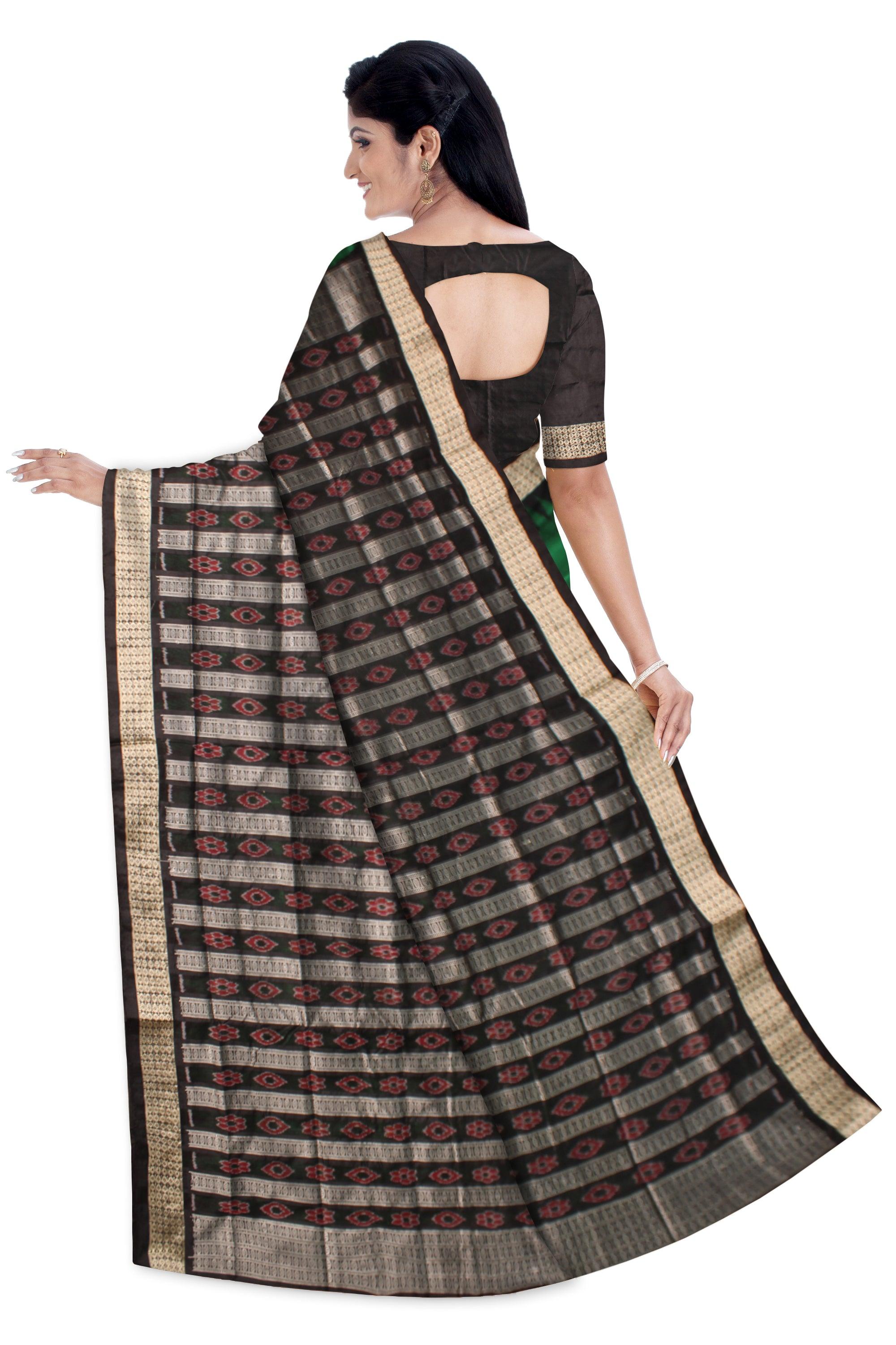 Sambalpuri Pata Saree in  Green Color in botty  design with Black Border with blouse piece. - Koshali Arts & Crafts Enterprise
