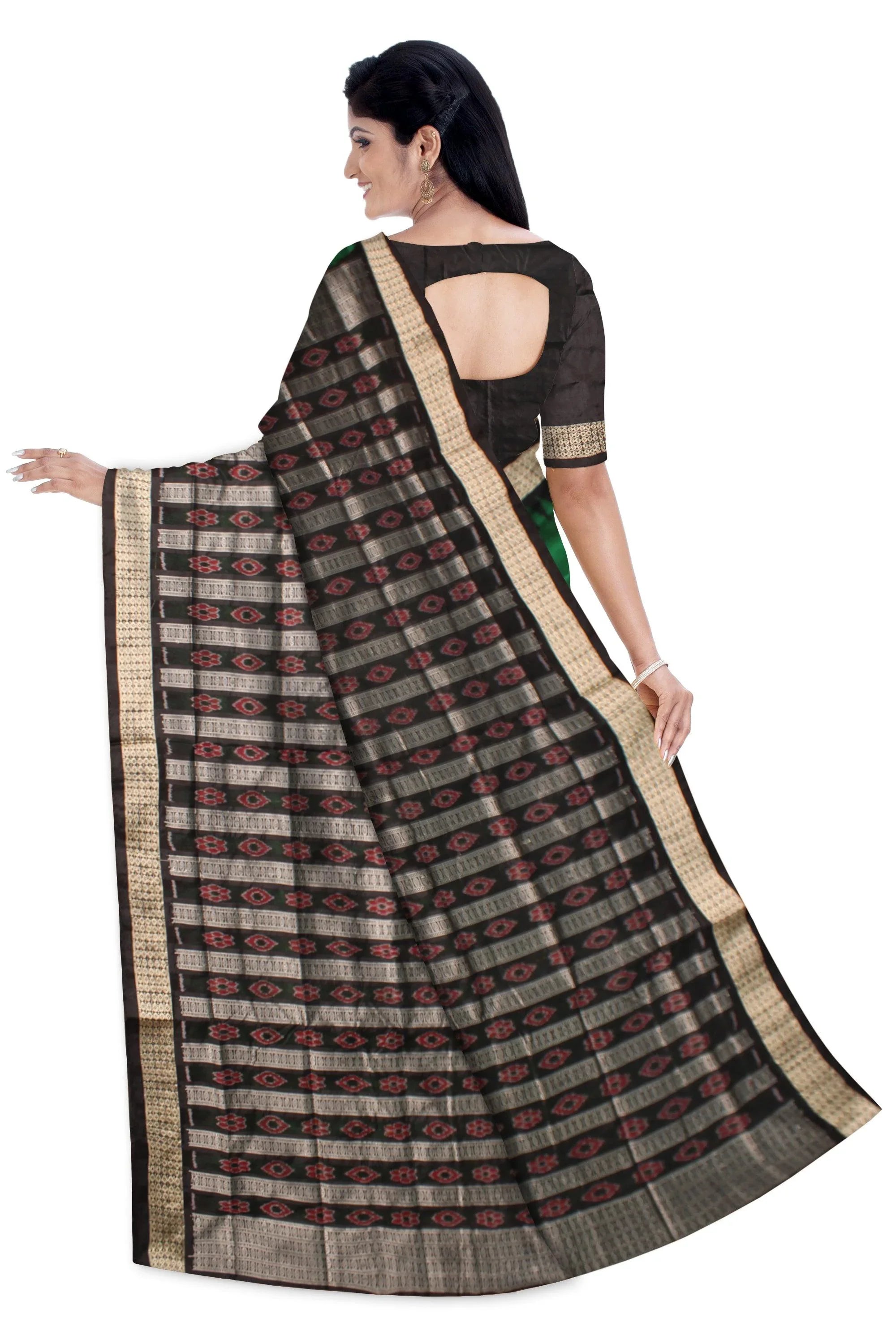 Sambalpuri Pata Saree in Green Color in botty design with Black Border with blouse piece. - Koshali Arts & Crafts Enterprise