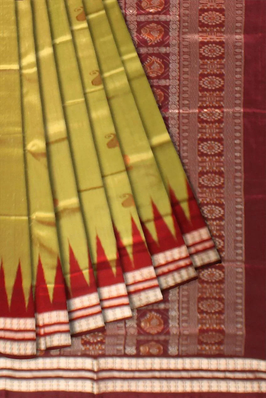 Sambalpuri Pata Saree in Light Green and Maroon color Kumbha design in the Border with blouse piece. - Koshali Arts & Crafts Enterprise