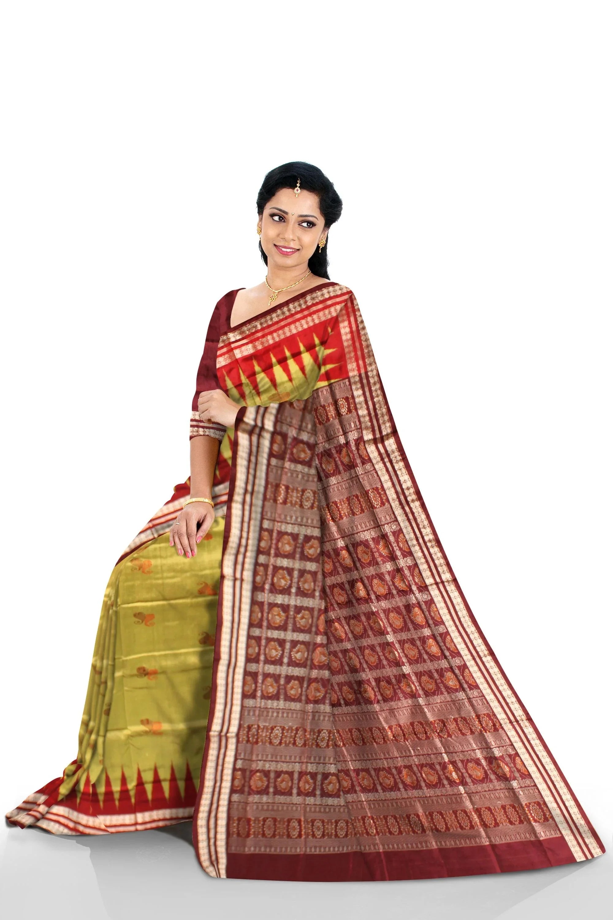 Sambalpuri Pata Saree in Light Green and Maroon color Kumbha design in the Border with blouse piece. - Koshali Arts & Crafts Enterprise
