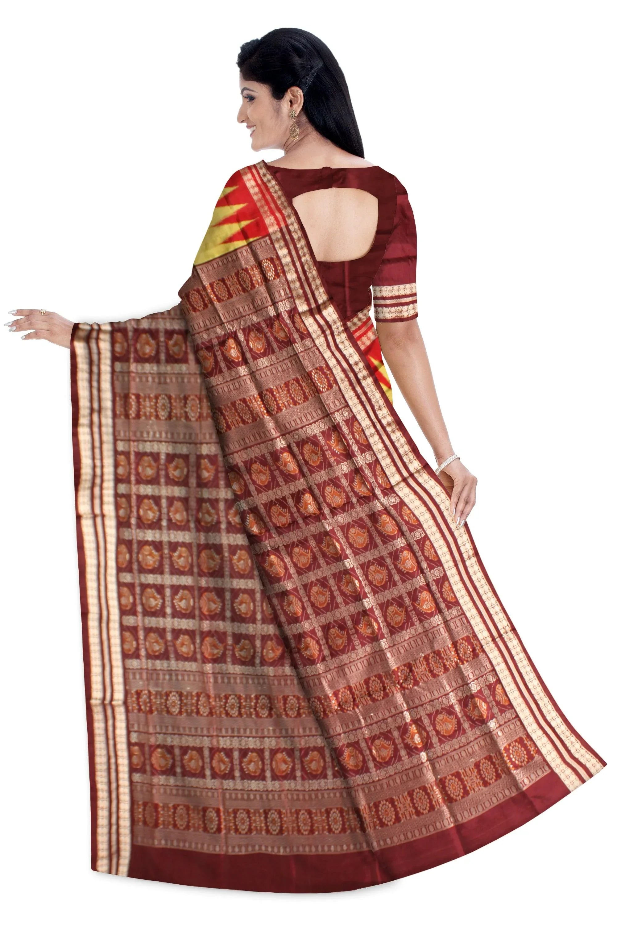 Sambalpuri Pata Saree in Light Green and Maroon color Kumbha design in the Border with blouse piece. - Koshali Arts & Crafts Enterprise