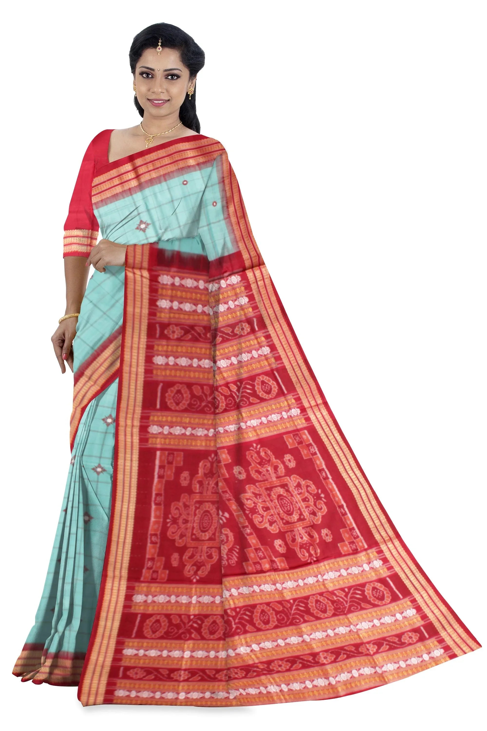 Light Blue color Sambalpuri Cotton Saree in buti pattern with blouse piece. - Koshali Arts & Crafts Enterprise