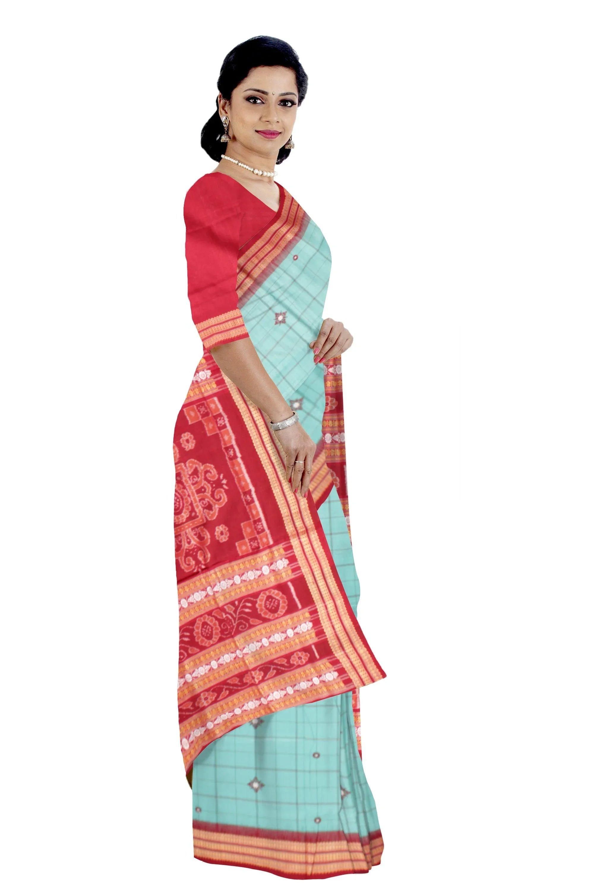 Light Blue color Sambalpuri Cotton Saree in buti pattern with blouse piece. - Koshali Arts & Crafts Enterprise