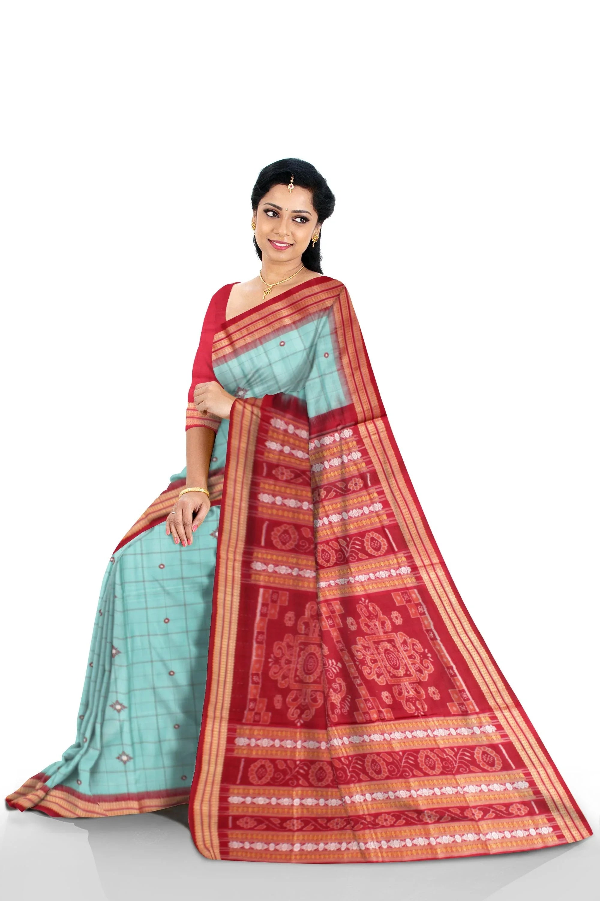 Light Blue color Sambalpuri Cotton Saree in buti pattern with blouse piece. - Koshali Arts & Crafts Enterprise