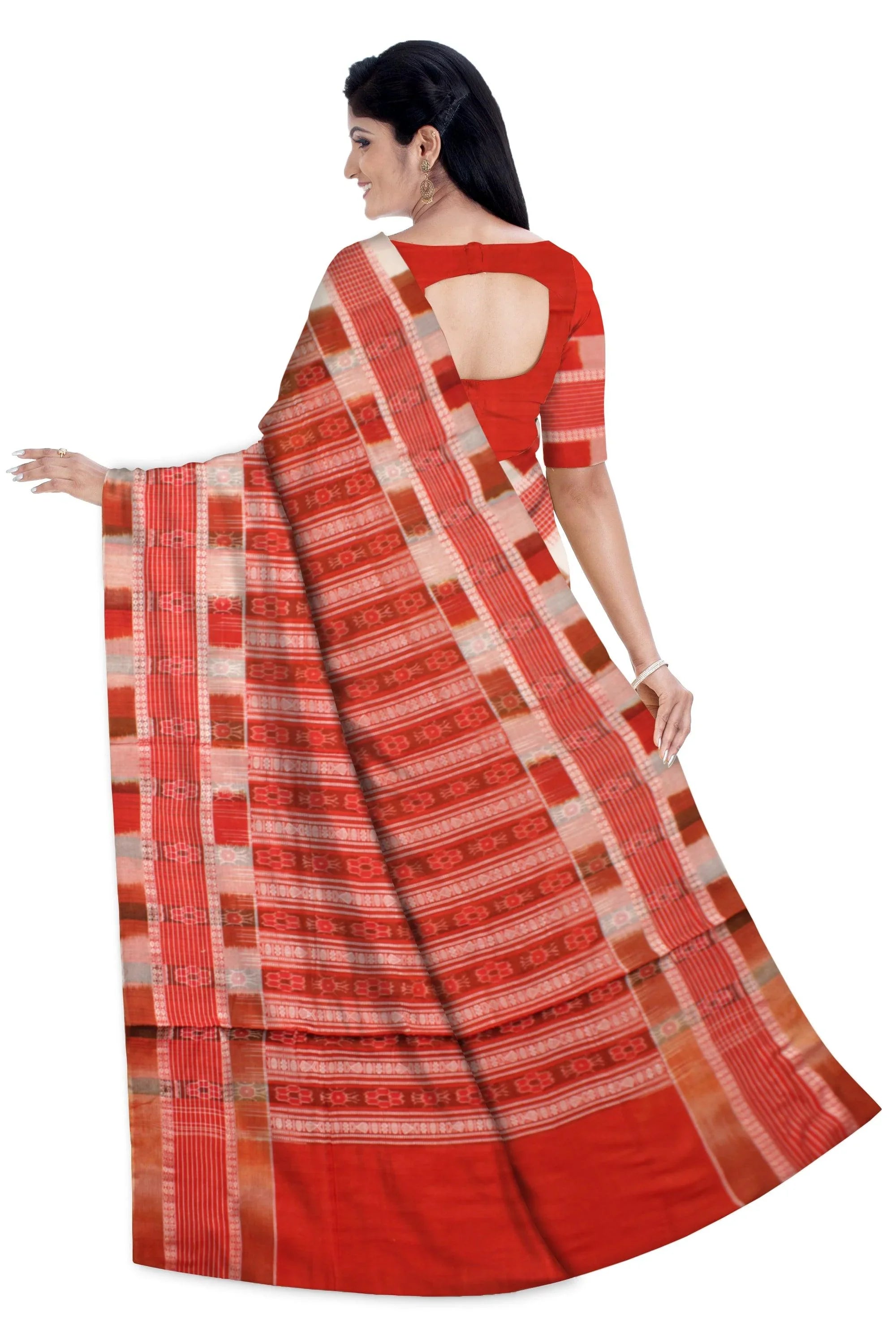 Sambalpuri cotton saree in Brown and Red color with blouse piece. - Koshali Arts & Crafts Enterprise