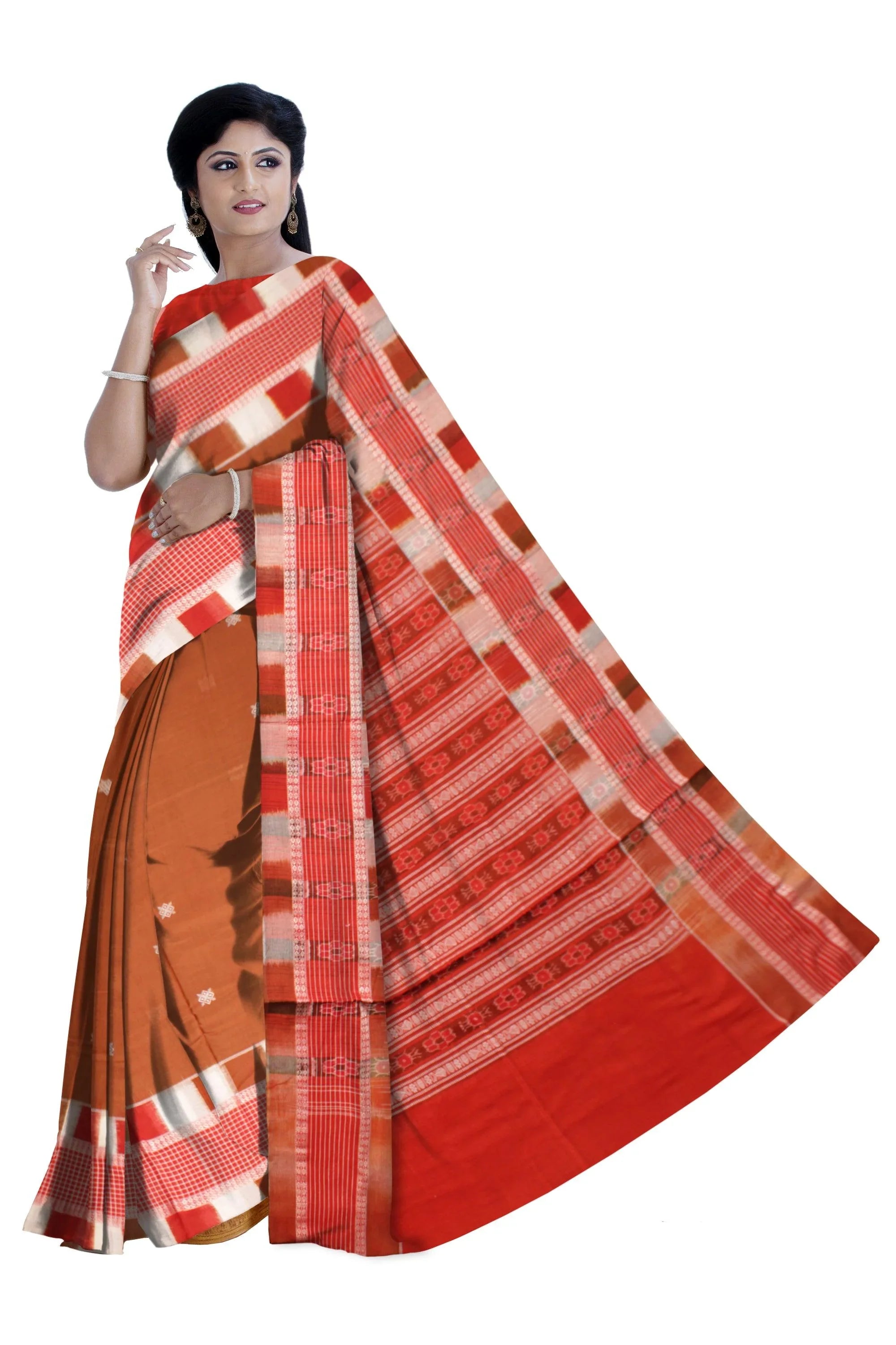 Sambalpuri cotton saree in Brown and Red color with blouse piece. - Koshali Arts & Crafts Enterprise