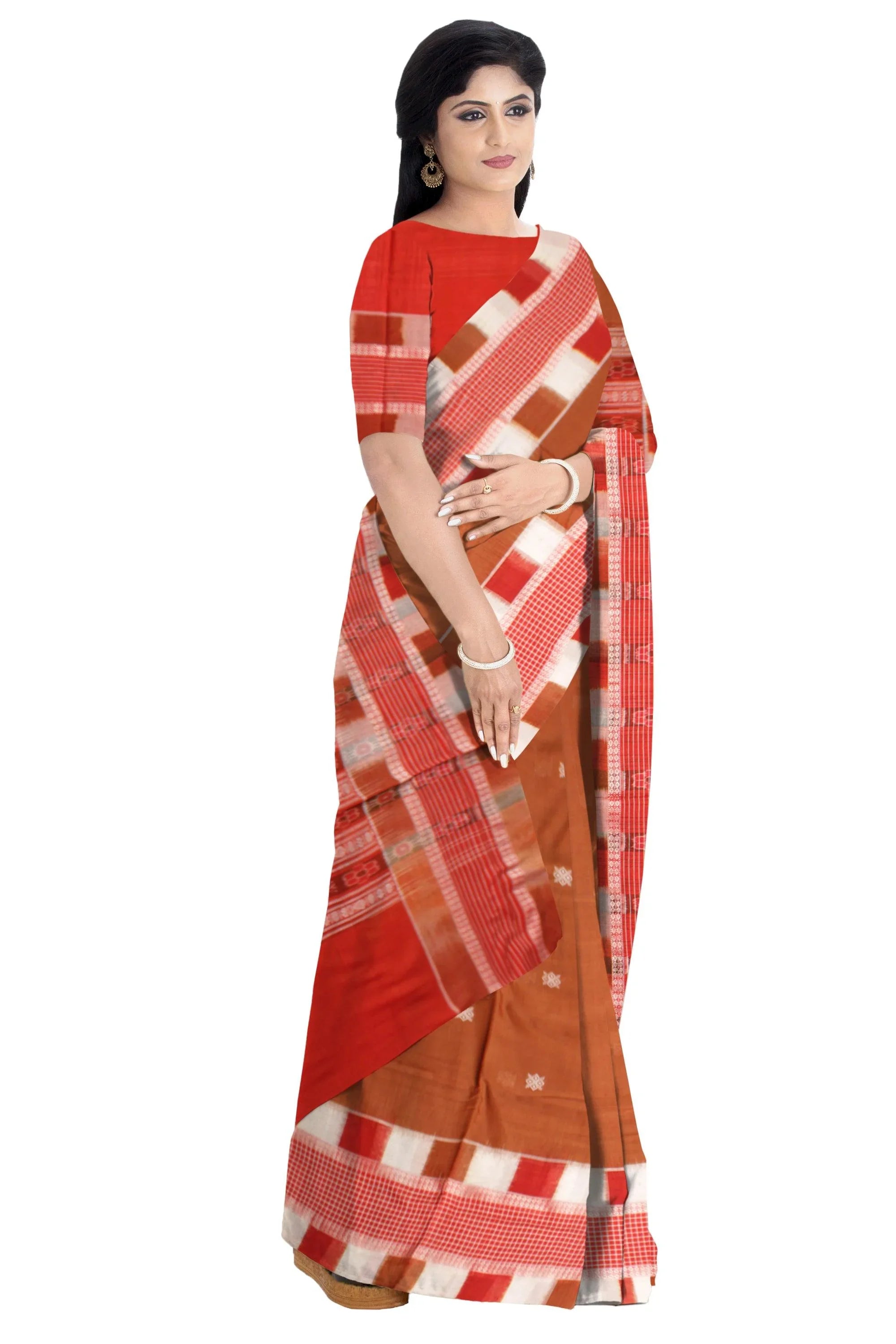 Sambalpuri cotton saree in Brown and Red color with blouse piece. - Koshali Arts & Crafts Enterprise