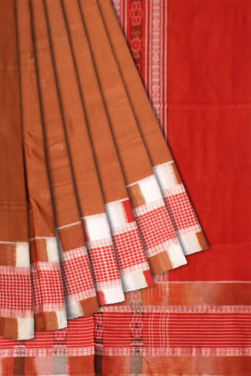 Sambalpuri cotton saree in Brown and Red color with blouse piece. - Koshali Arts & Crafts Enterprise