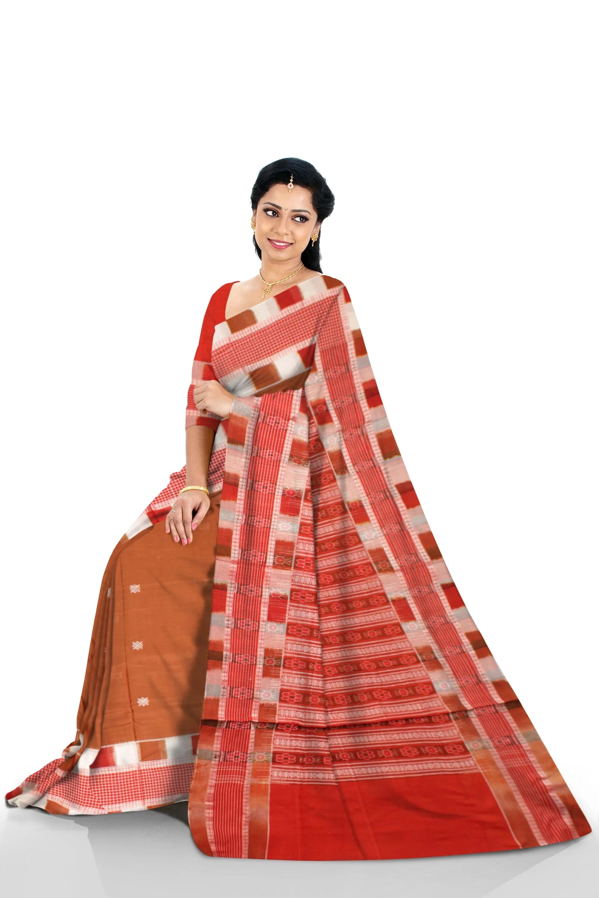 Sambalpuri cotton saree in Brown and Red color with blouse piece. - Koshali Arts & Crafts Enterprise
