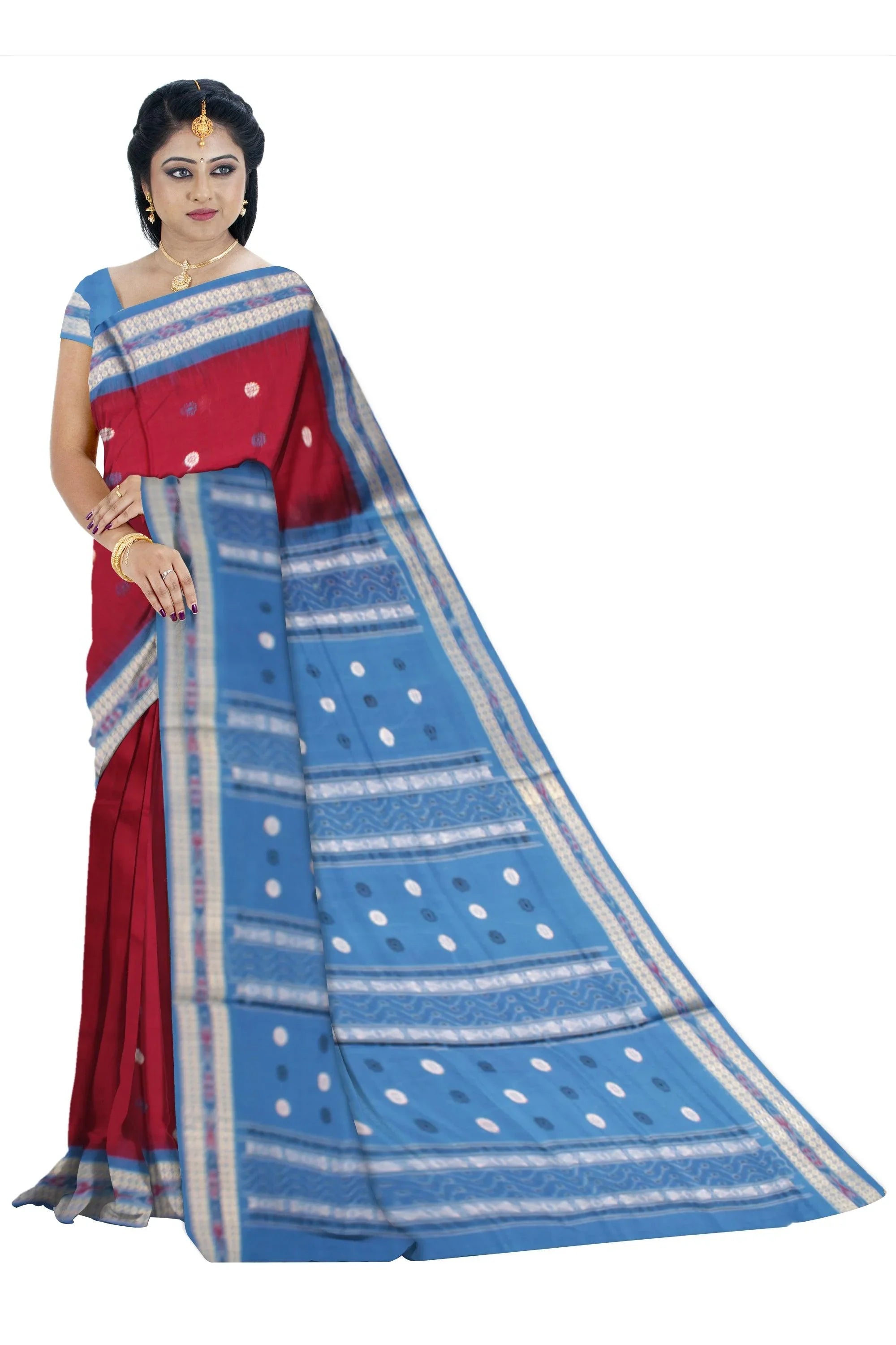 Dark Pink color Sambalpuri Cotton Saree in buti pattern with blouse piece. - Koshali Arts & Crafts Enterprise