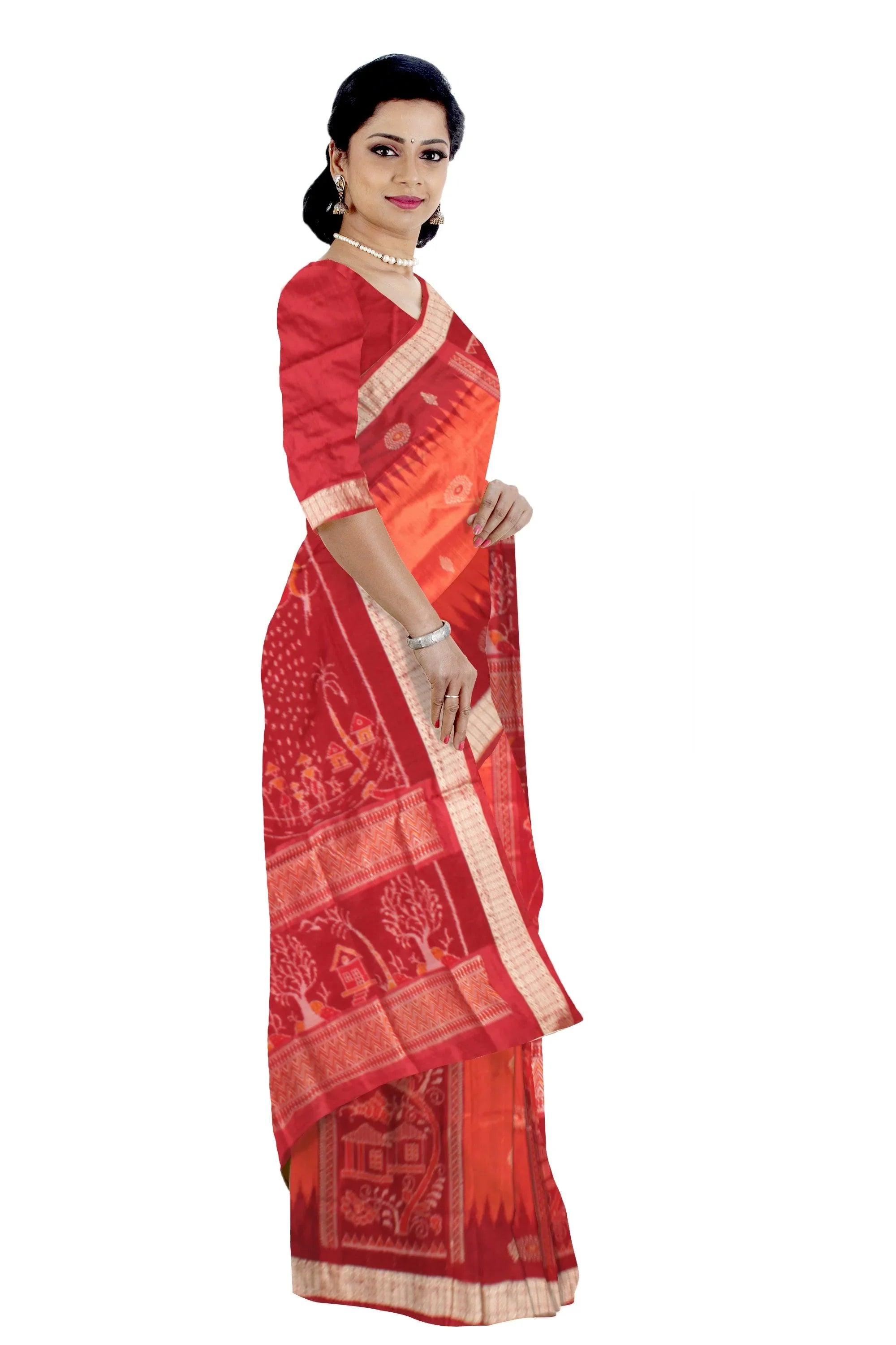 Sambalpuri Pata Saree in Orange and Maroon color Mayurika design in Body with blouse piece. - Koshali Arts & Crafts Enterprise