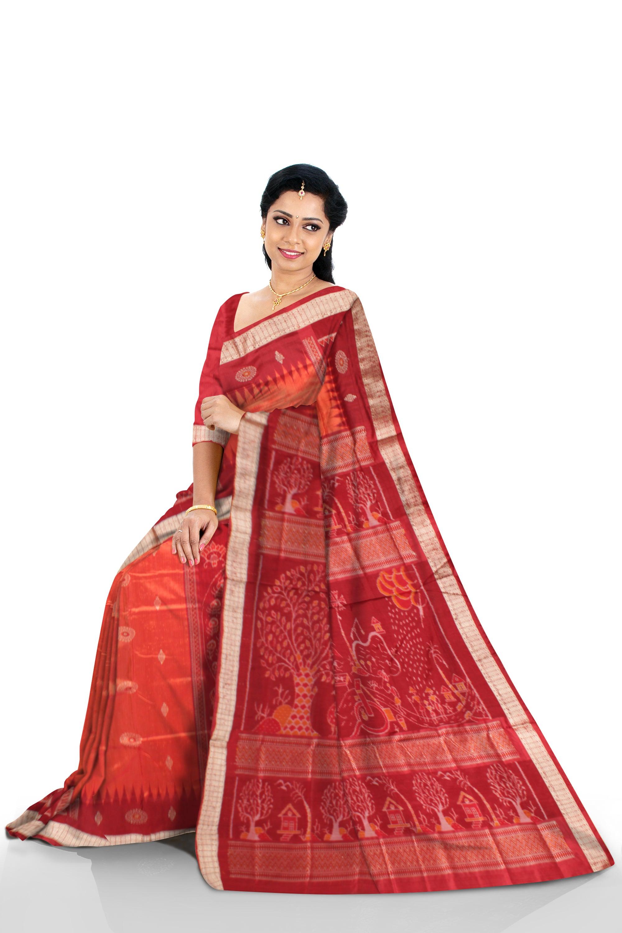 Sambalpuri Pata Saree in Orange and Maroon color Mayurika design in Body with blouse piece. - Koshali Arts & Crafts Enterprise