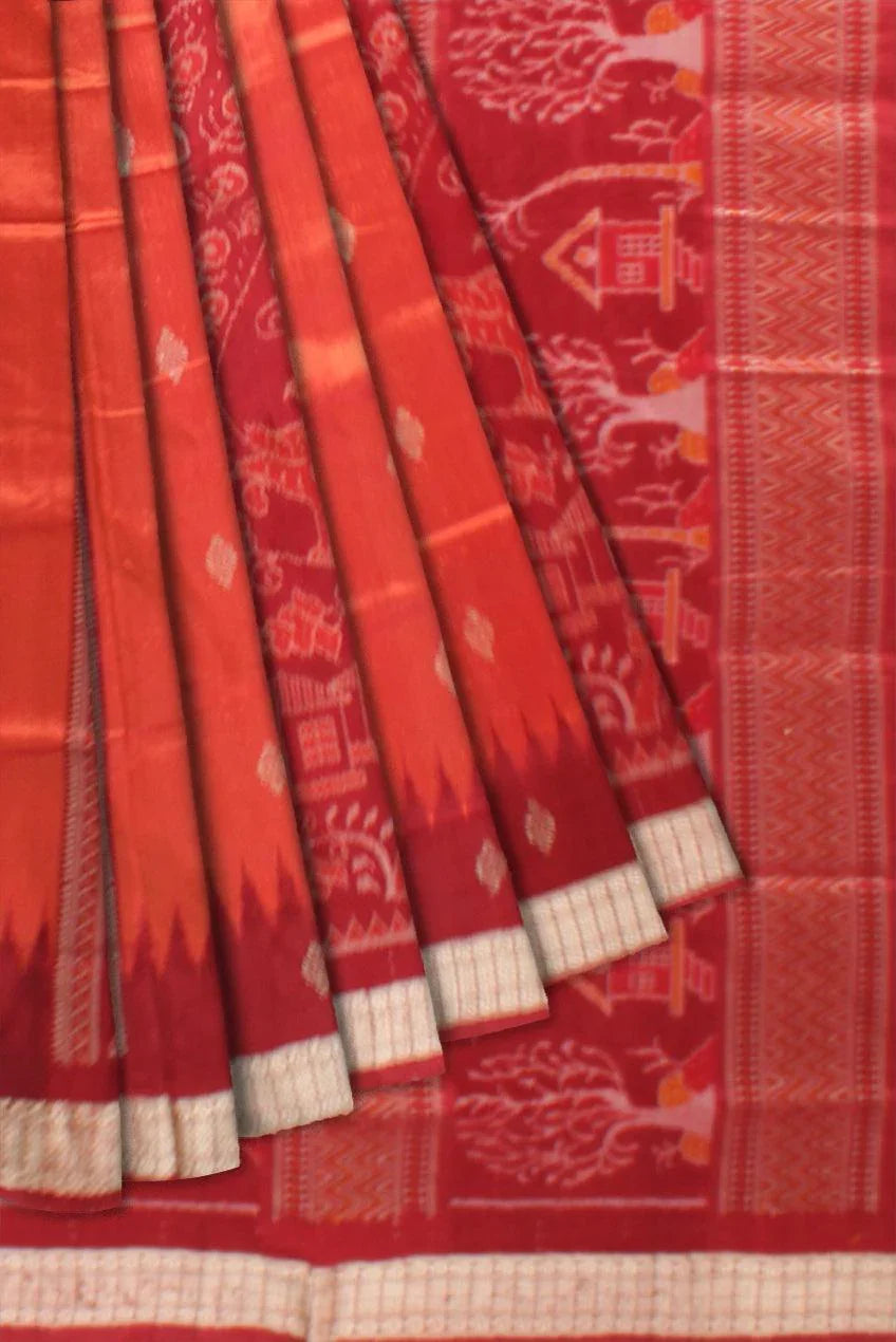 Sambalpuri Pata Saree in Orange and Maroon color Mayurika design in Body with blouse piece. - Koshali Arts & Crafts Enterprise