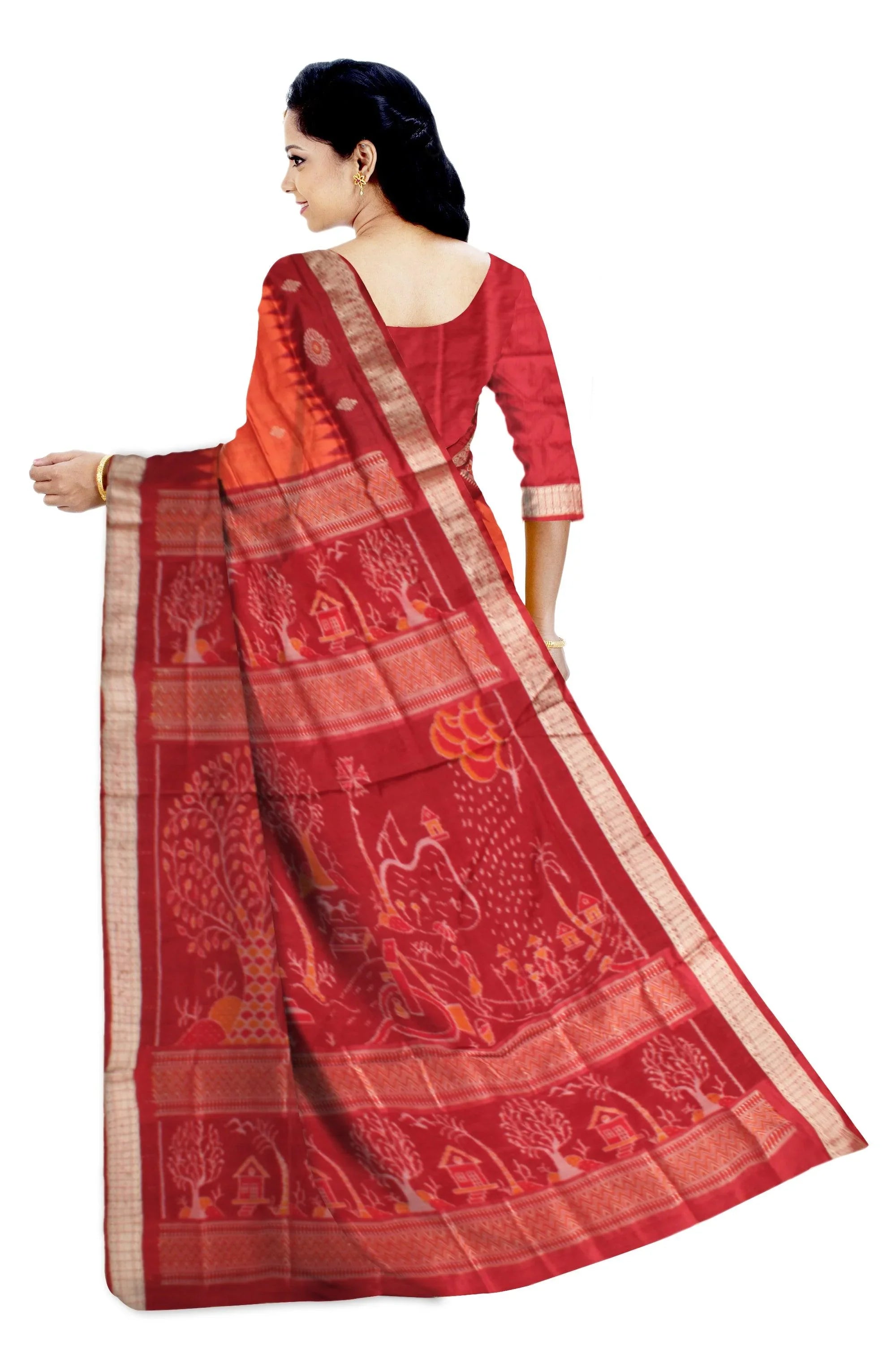 Sambalpuri Pata Saree in Orange and Maroon color Mayurika design in Body with blouse piece. - Koshali Arts & Crafts Enterprise