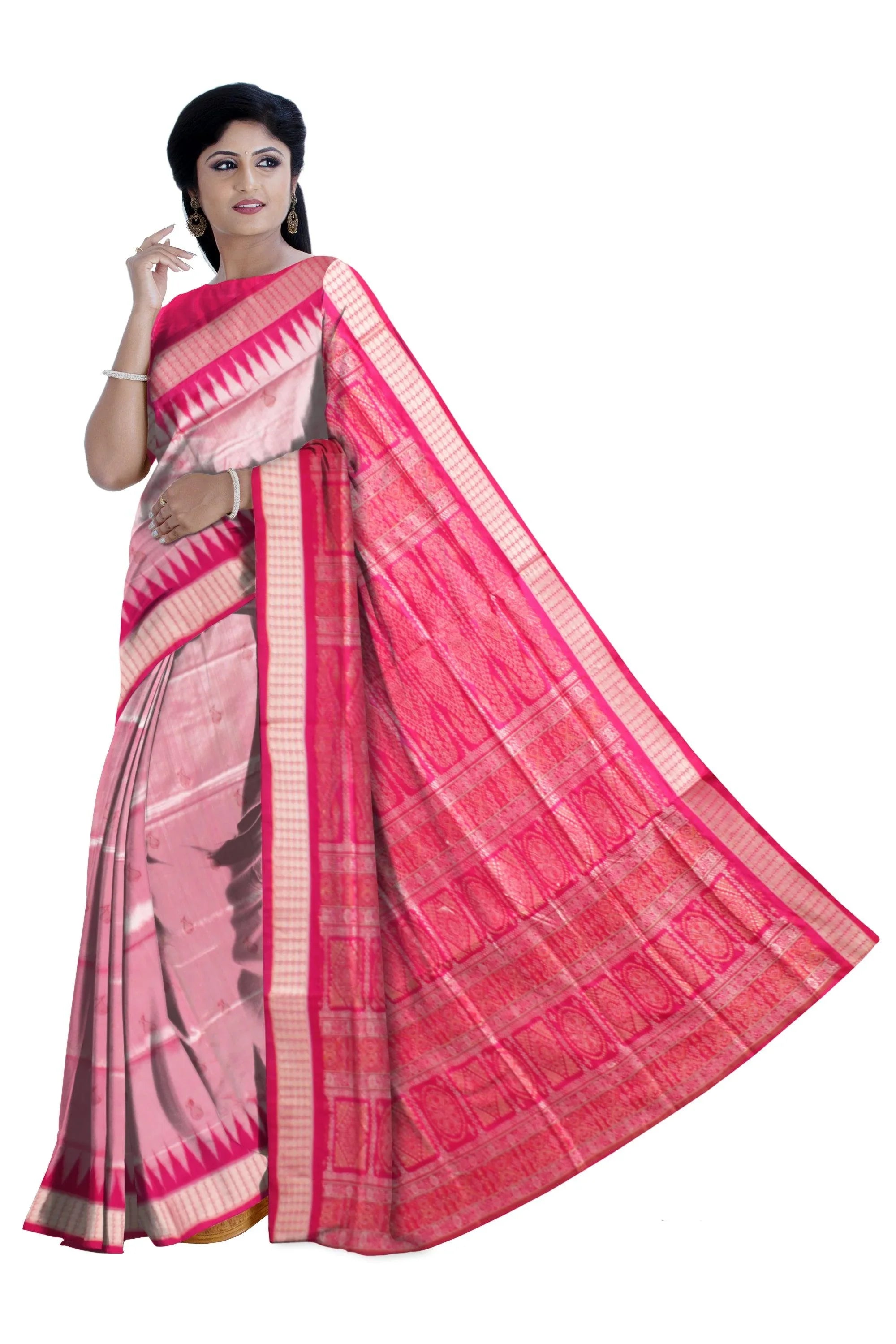 Sambalpuri Pata Saree in Pink color Booty design in Body with blouse piece. - Koshali Arts & Crafts Enterprise
