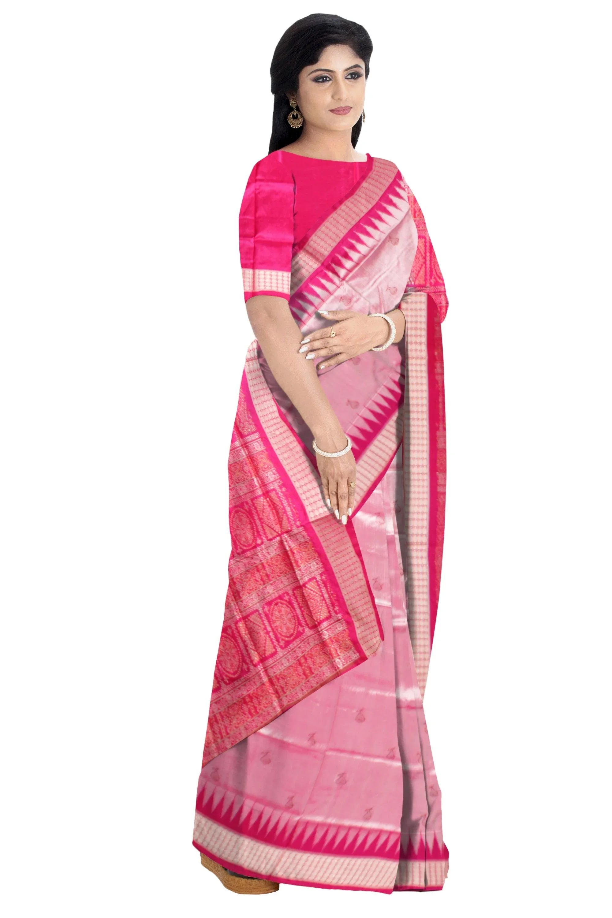 Sambalpuri Pata Saree in Pink color Booty design in Body with blouse piece. - Koshali Arts & Crafts Enterprise