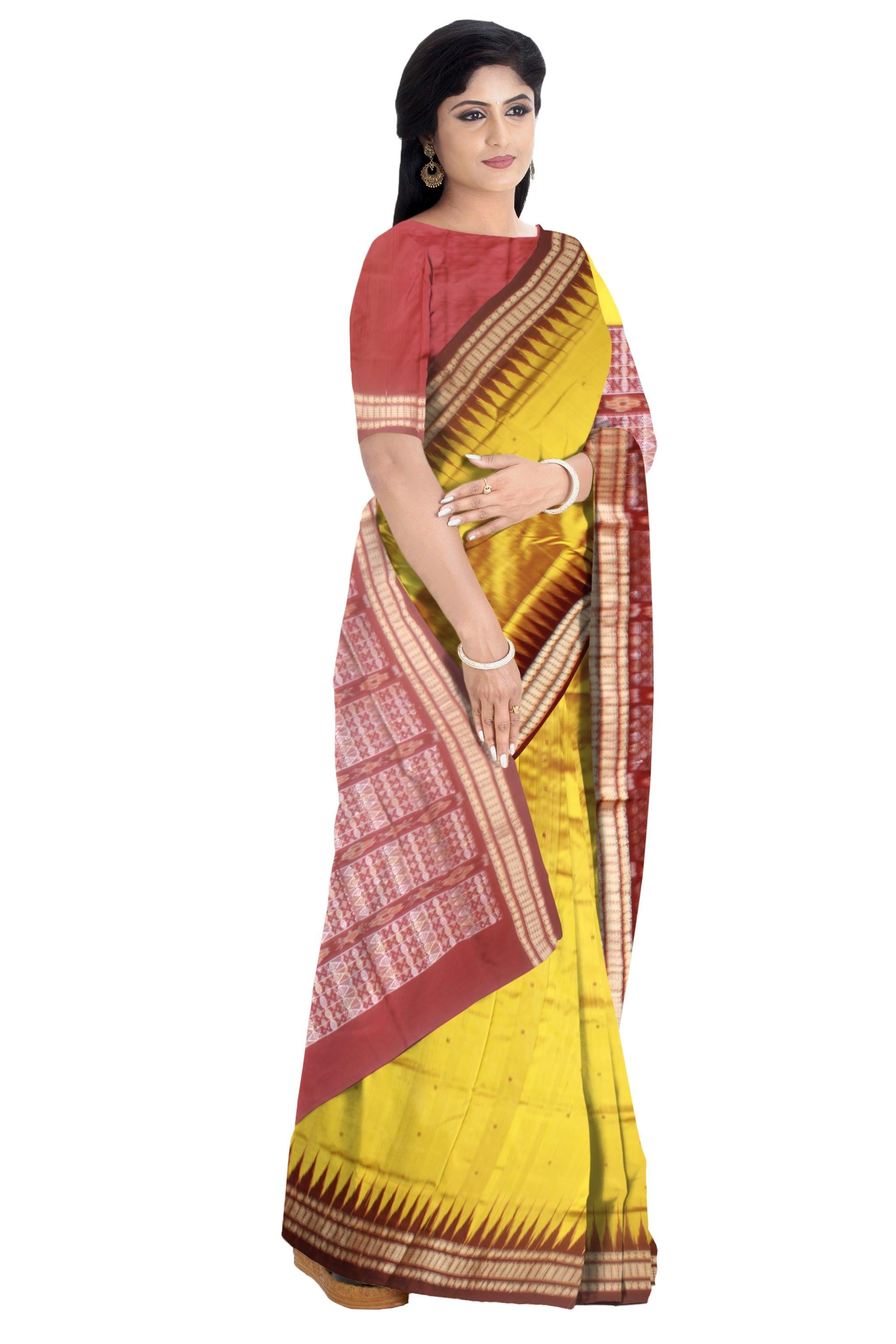 Sambalpuri Pata Saree in yellow color plain bomkei Design with blouse piece. - Koshali Arts & Crafts Enterprise