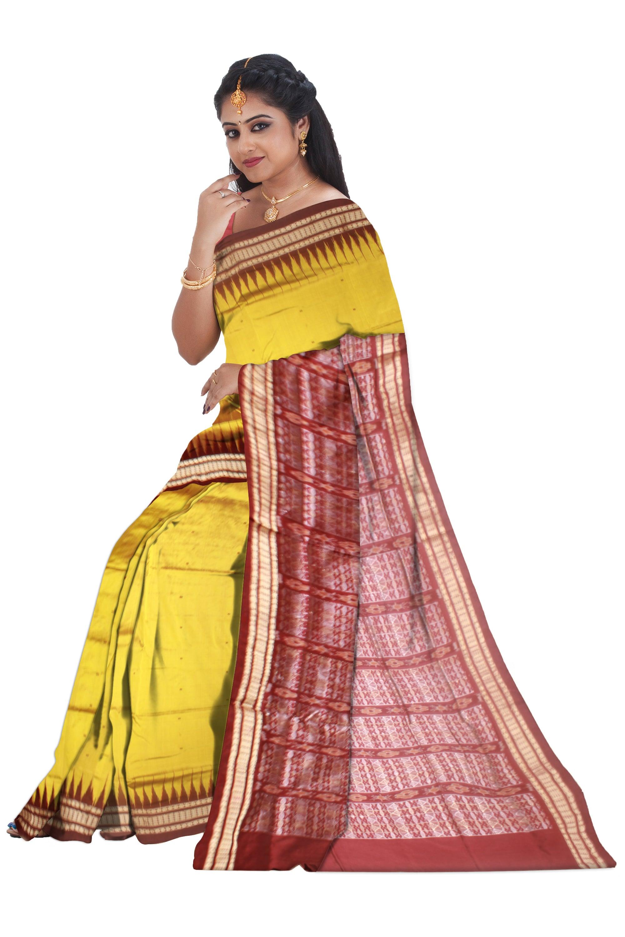 Sambalpuri Pata Saree in yellow color plain bomkei Design with blouse piece. - Koshali Arts & Crafts Enterprise