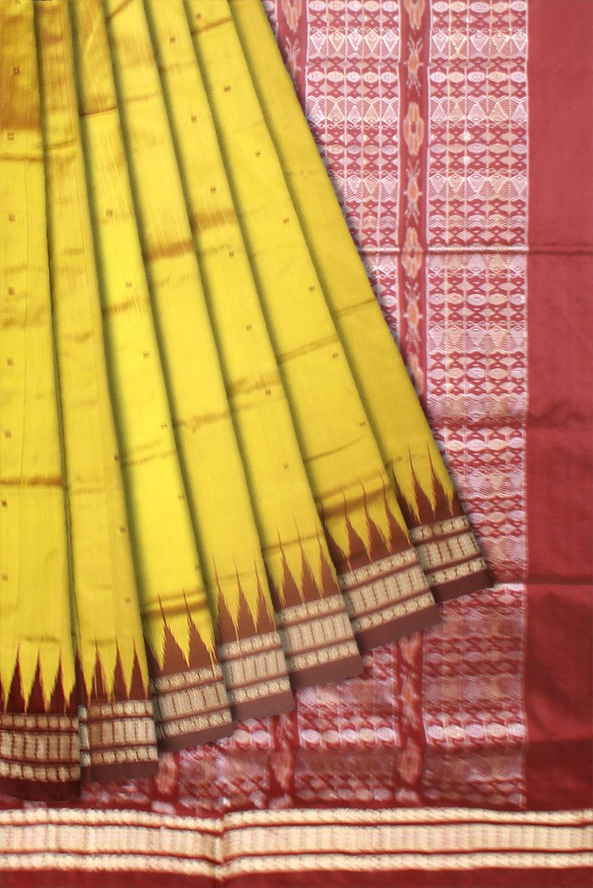 Sambalpuri Pata Saree in yellow color plain bomkei Design with blouse piece. - Koshali Arts & Crafts Enterprise