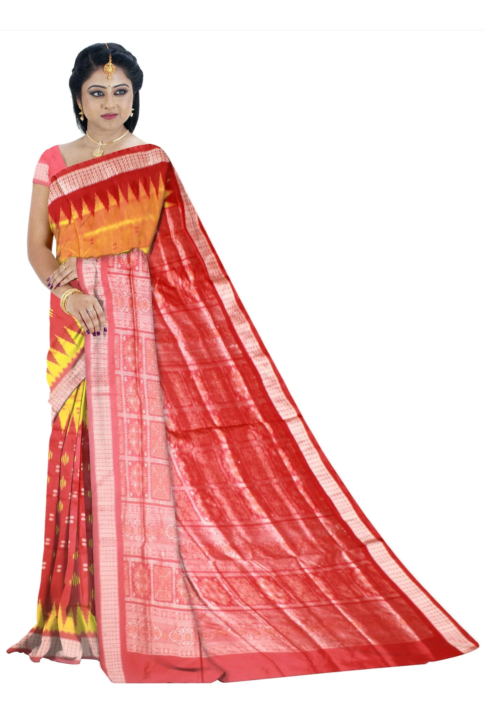 Latest design Yellow and Red colour Sambalpuri bomkei pata saree with blouse piece. - Koshali Arts & Crafts Enterprise