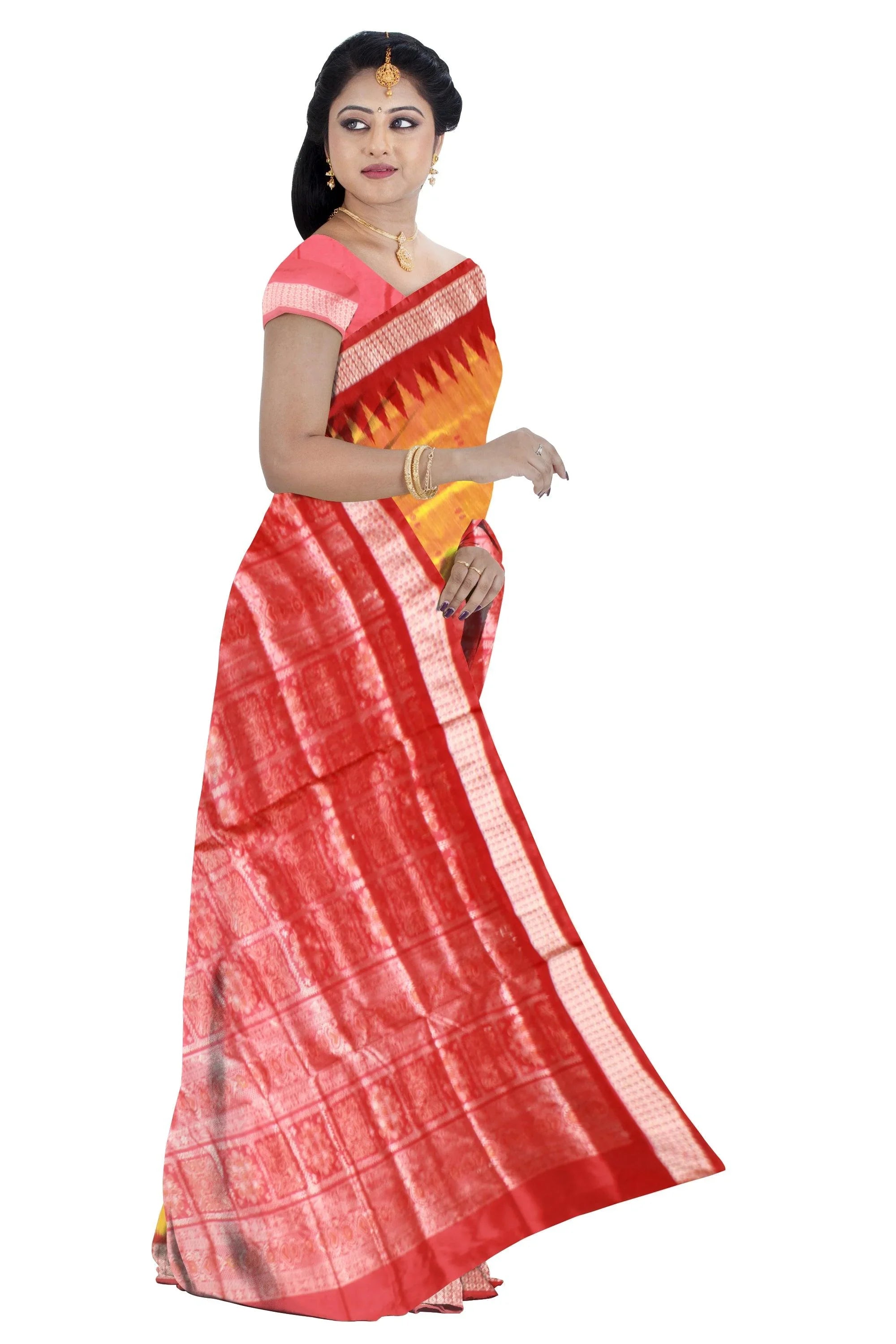 Latest design Yellow and Red colour Sambalpuri bomkei pata saree with blouse piece. - Koshali Arts & Crafts Enterprise