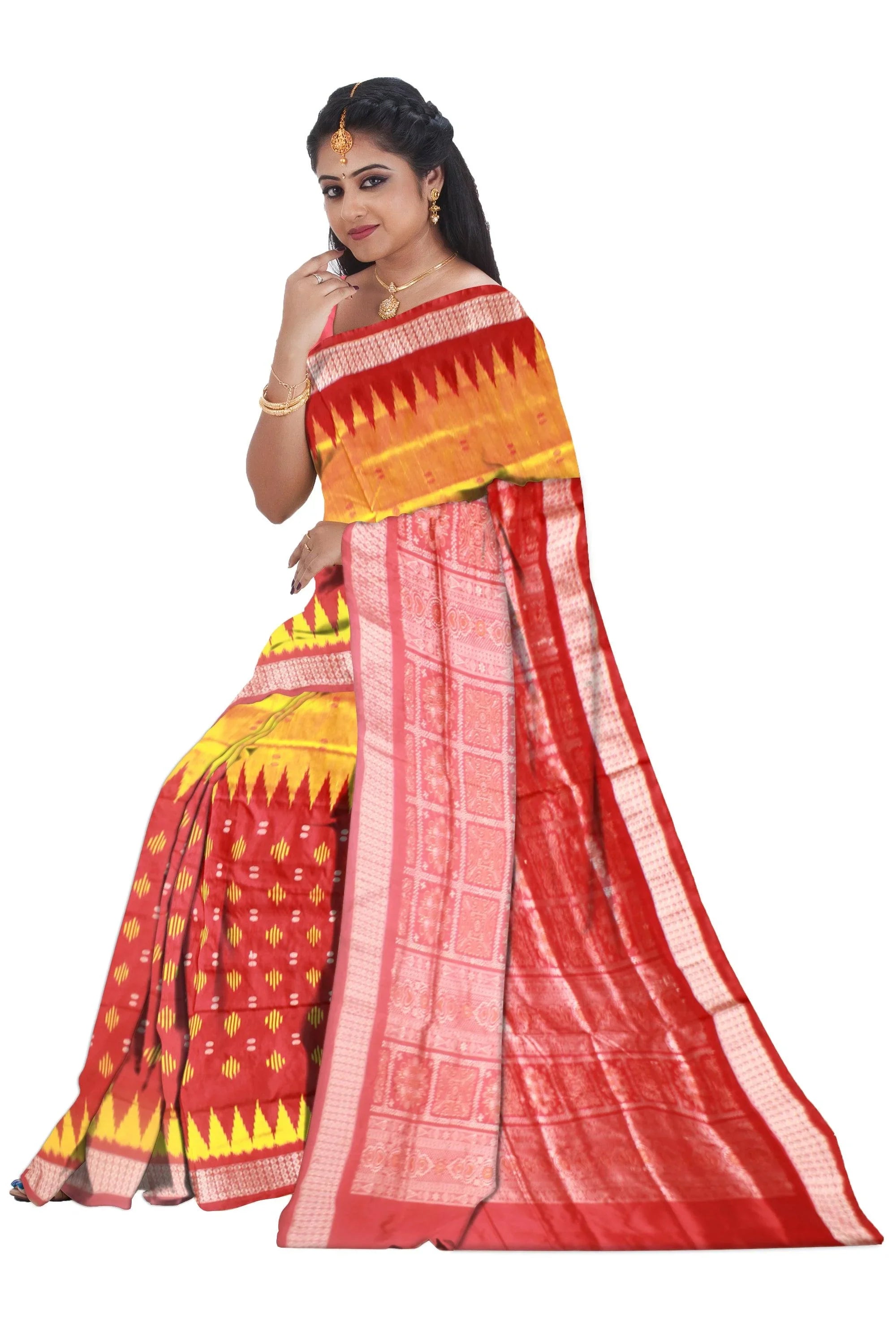Latest design Yellow and Red colour Sambalpuri bomkei pata saree with blouse piece. - Koshali Arts & Crafts Enterprise