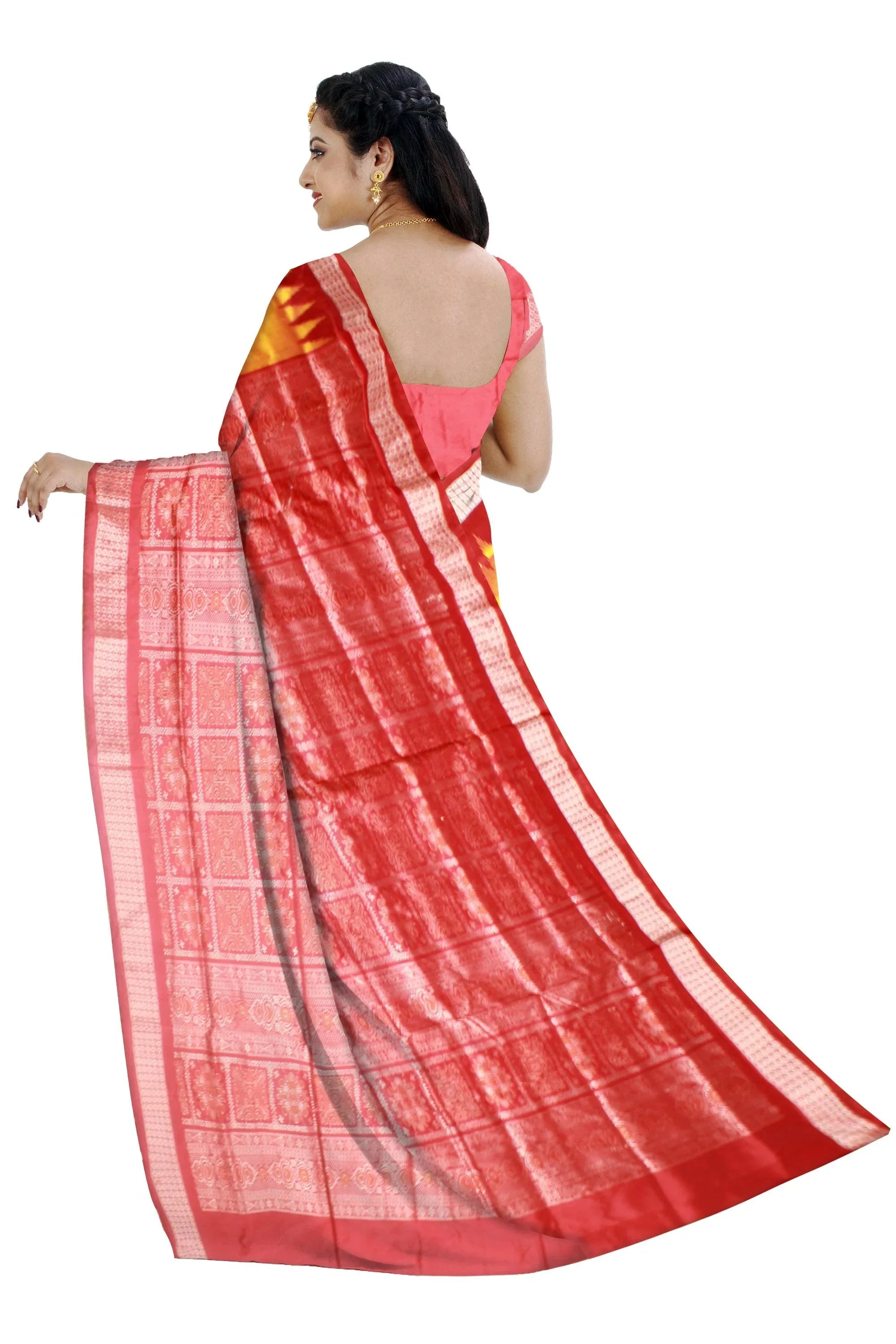 Latest design Yellow and Red colour Sambalpuri bomkei pata saree with blouse piece. - Koshali Arts & Crafts Enterprise