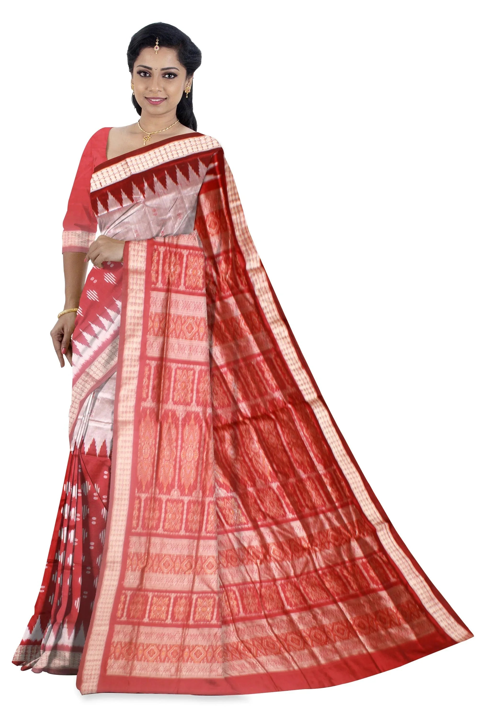 Latest design Silver and Red colour Sambalpuri bomkei pata saree with blouse piece. - Koshali Arts & Crafts Enterprise