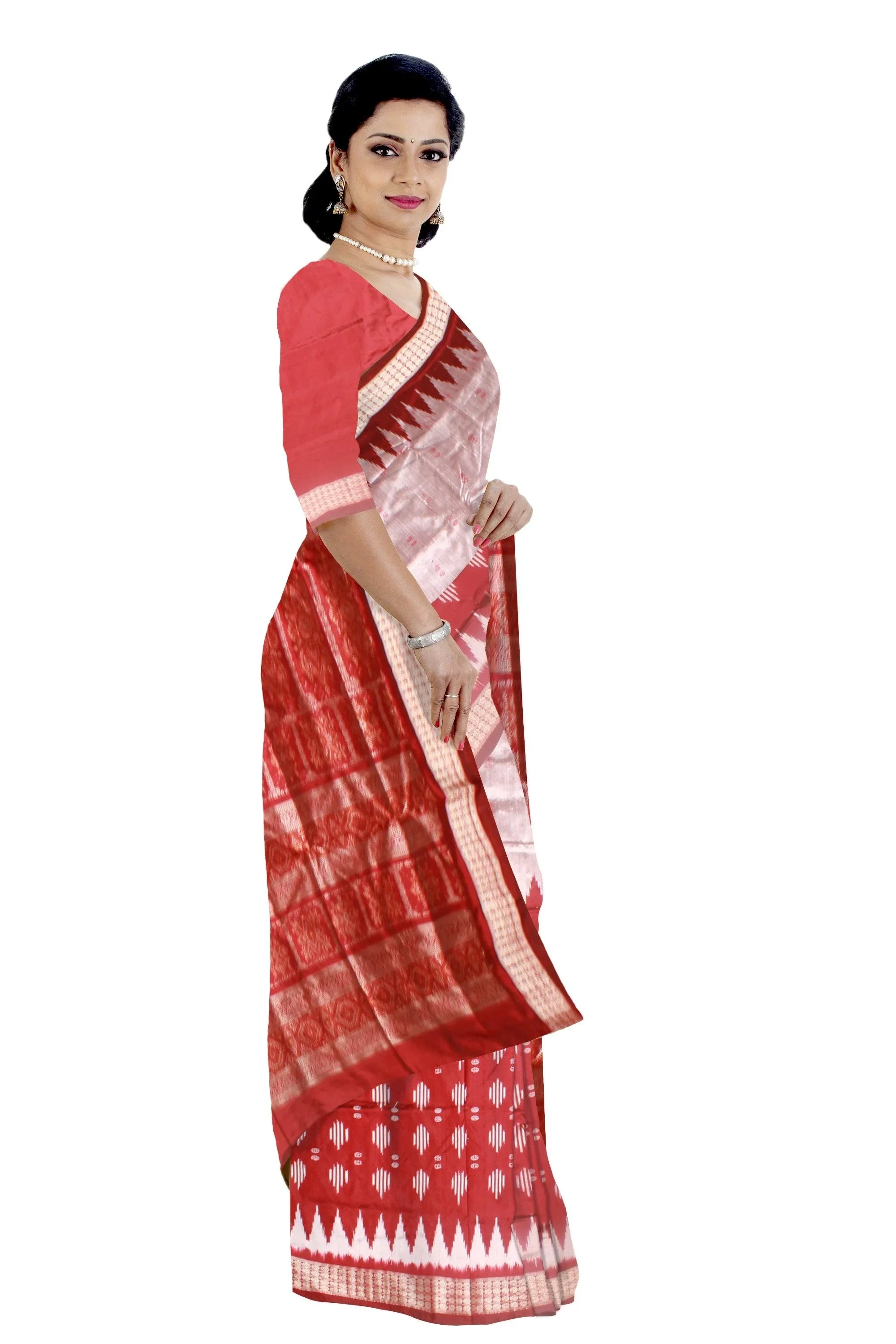 Latest design Silver and Red colour Sambalpuri bomkei pata saree with blouse piece. - Koshali Arts & Crafts Enterprise