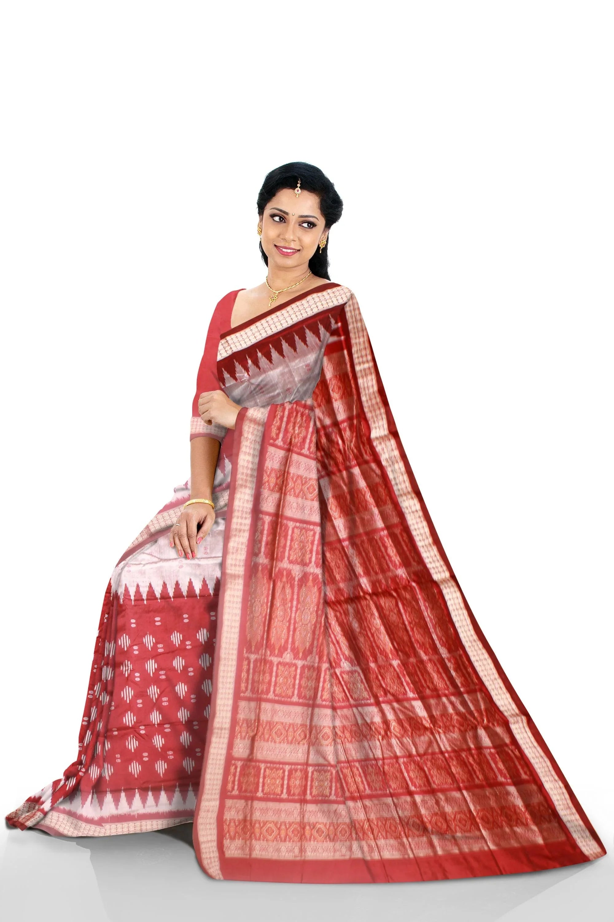 Latest design Silver and Red colour Sambalpuri bomkei pata saree with blouse piece. - Koshali Arts & Crafts Enterprise