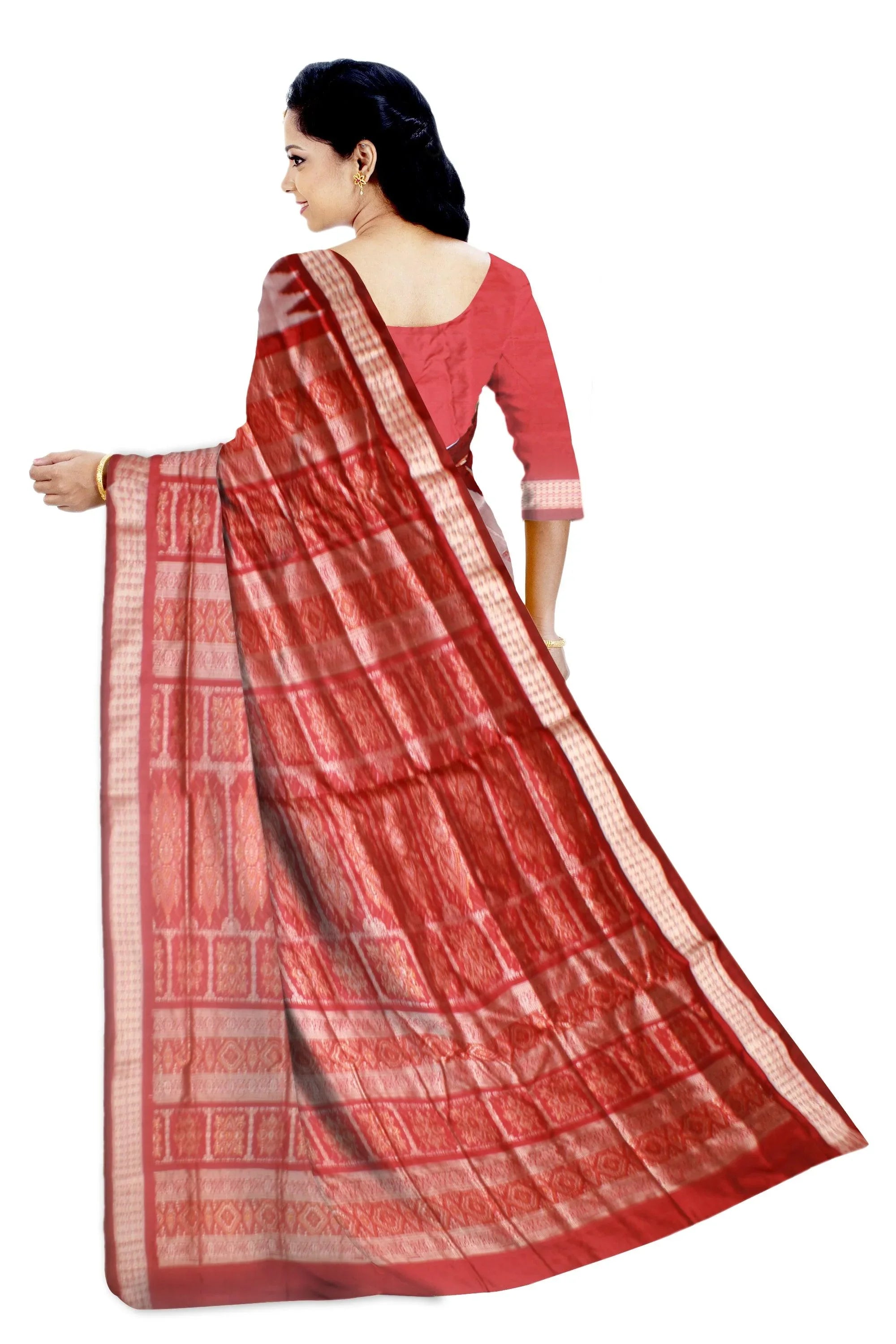 Latest design Silver and Red colour Sambalpuri bomkei pata saree with blouse piece. - Koshali Arts & Crafts Enterprise
