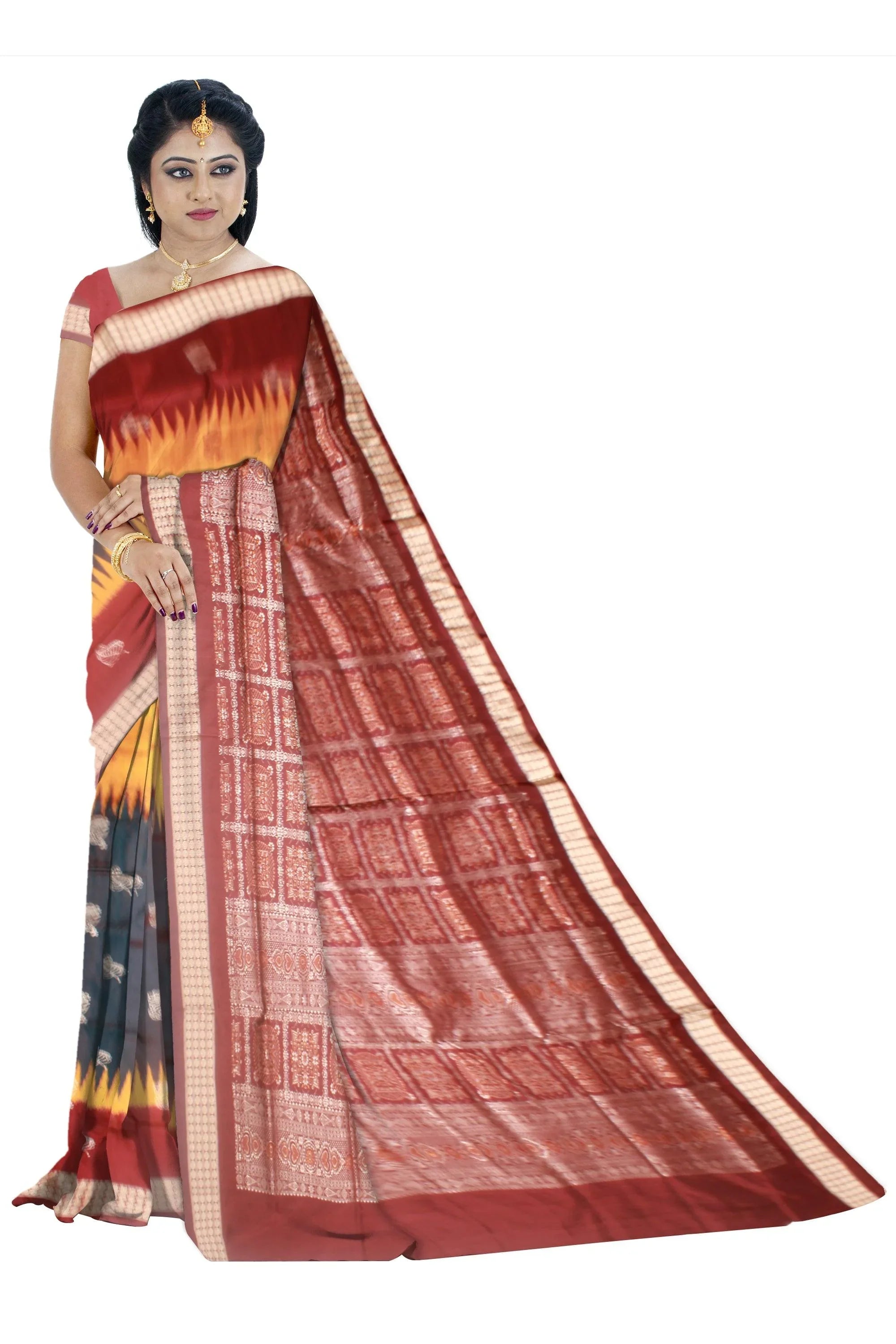 Sambalpuri Bomkei pata Saree in Yellow and dark Blue Color in botty design with Brown Border with blouse piece. - Koshali Arts & Crafts Enterprise