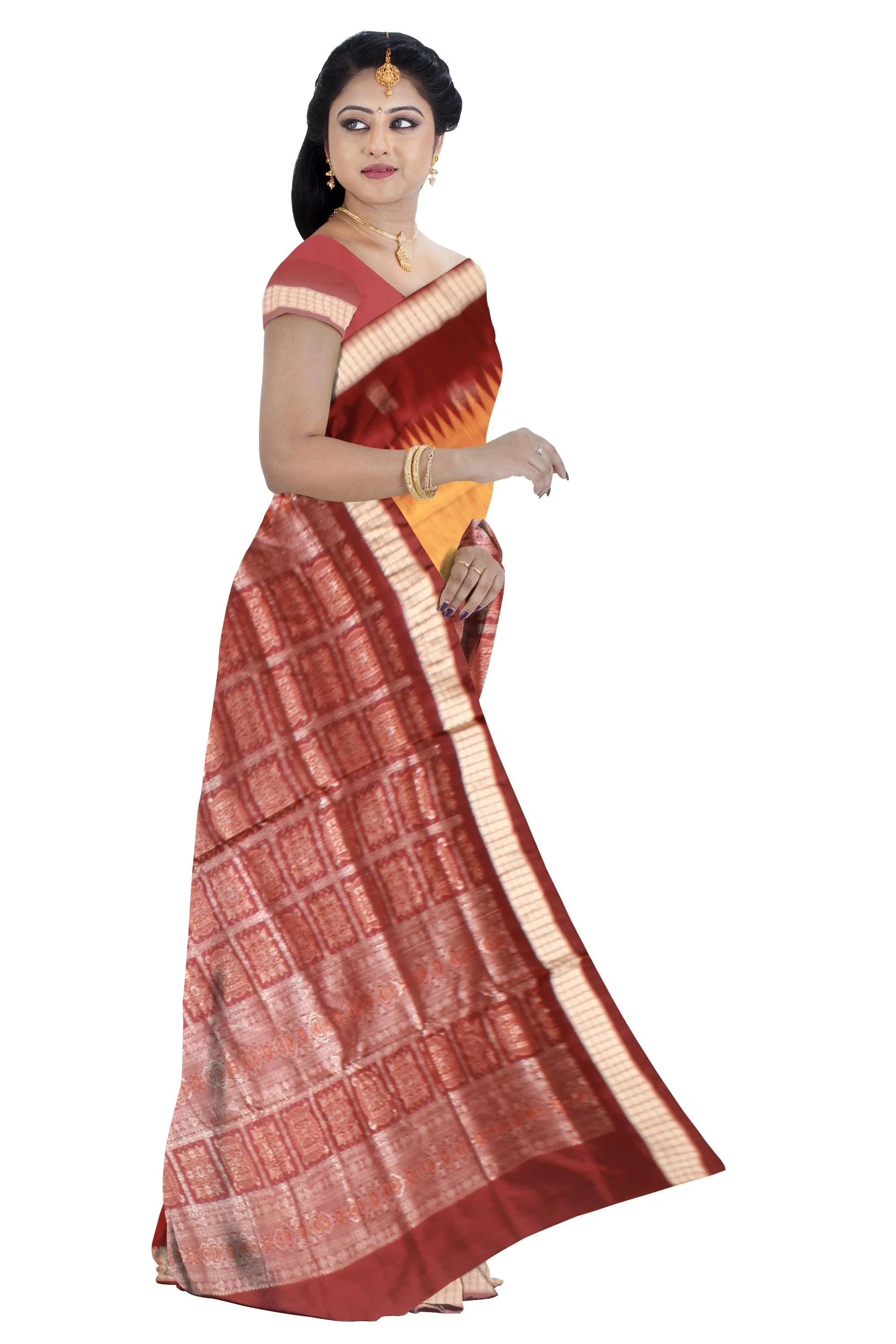 Sambalpuri Bomkei pata Saree in Yellow and dark Blue Color in botty design with Brown Border with blouse piece. - Koshali Arts & Crafts Enterprise