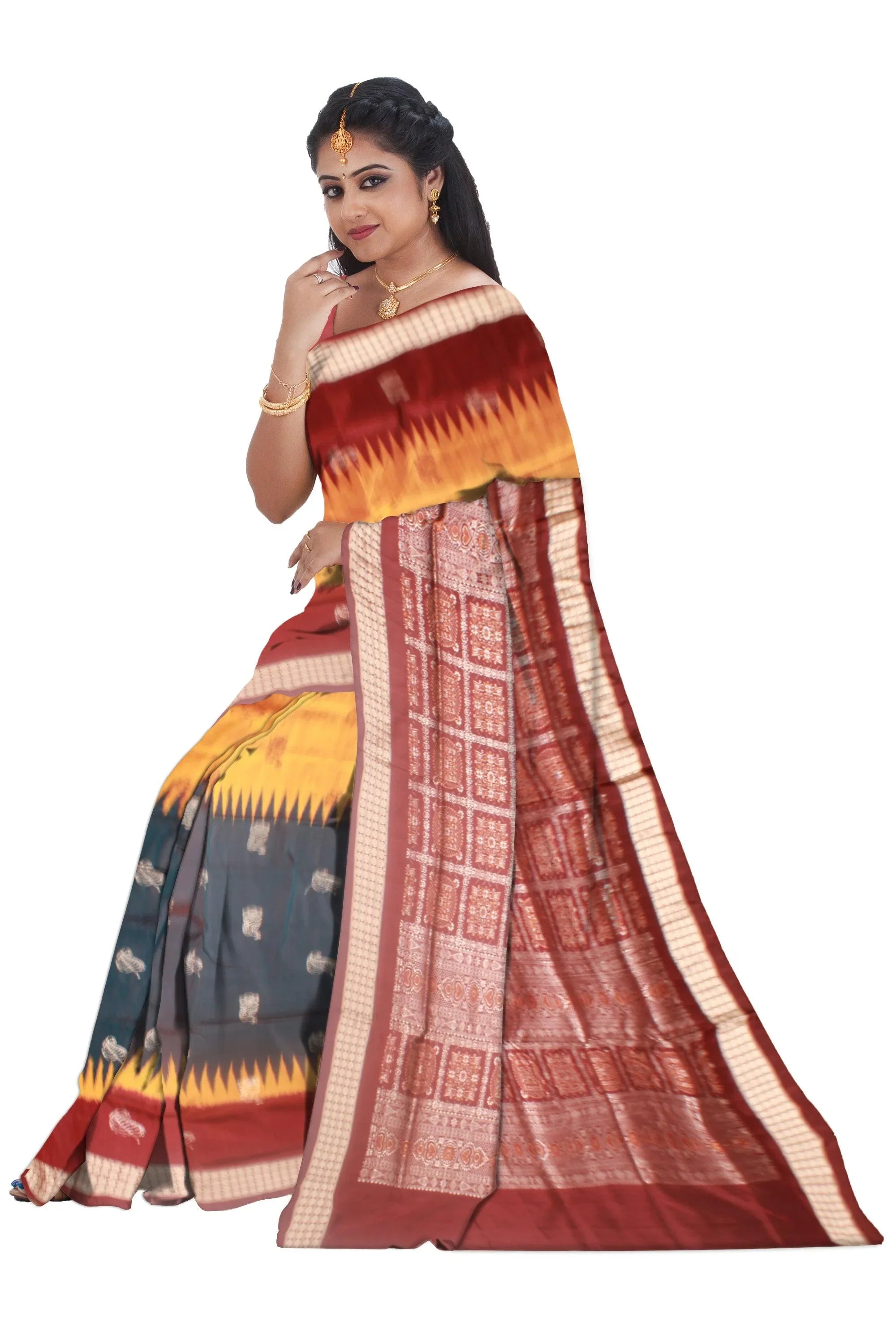 Sambalpuri Bomkei pata Saree in Yellow and dark Blue Color in botty design with Brown Border with blouse piece. - Koshali Arts & Crafts Enterprise