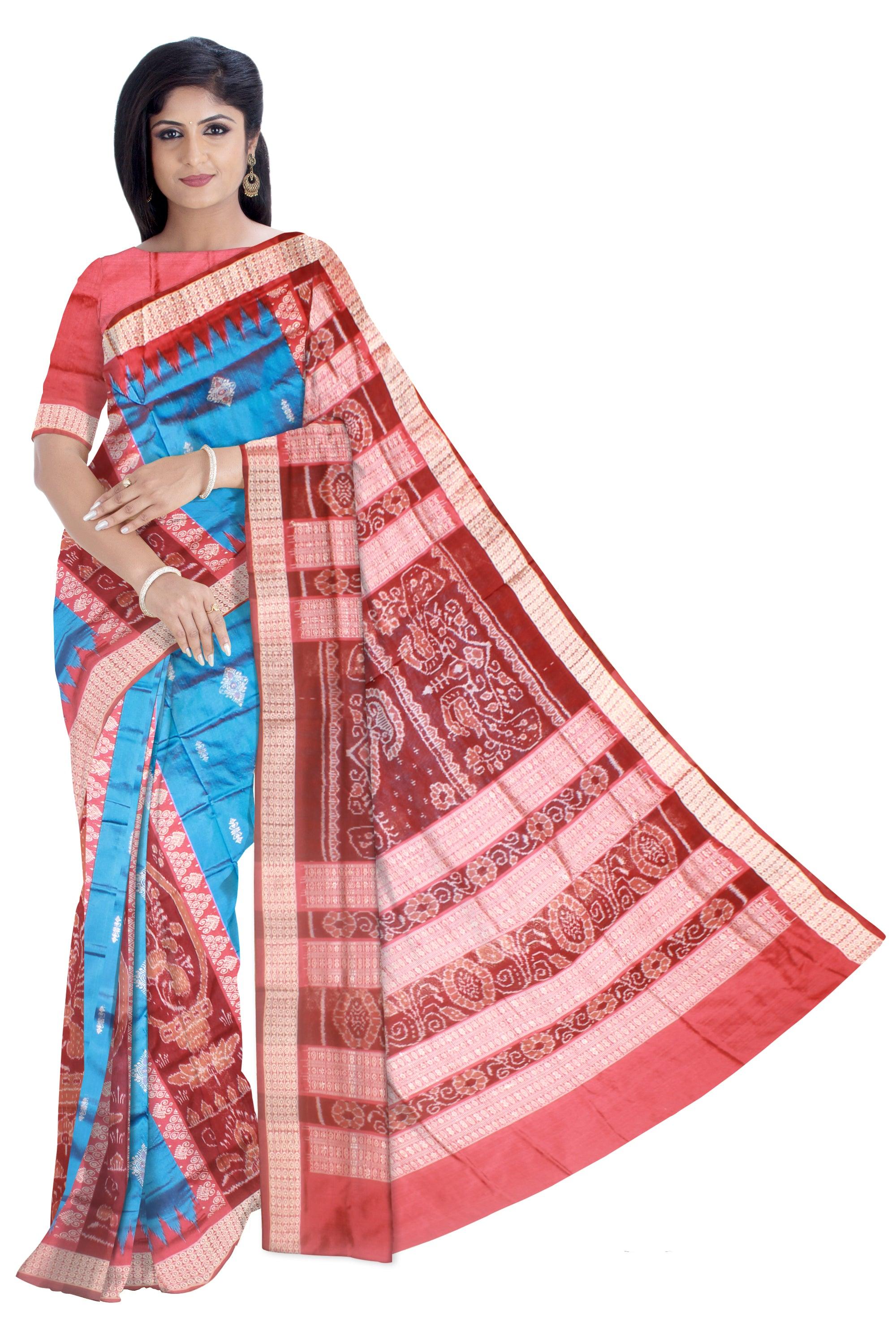 Sambalpuri Bomkei Pata Saree in Brown and sky colour in booty flower design with maroon Border with blouse piece. - Koshali Arts & Crafts Enterprise