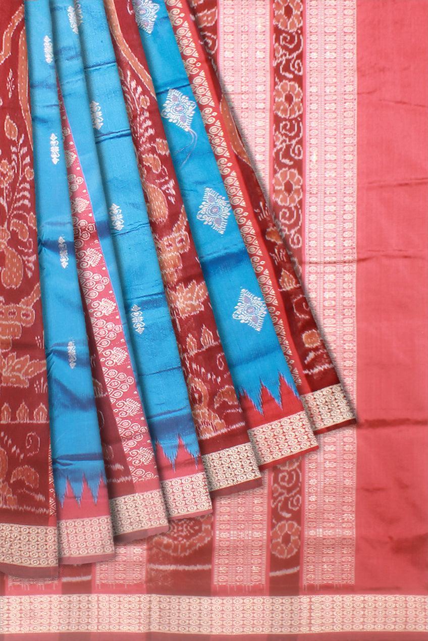 Sambalpuri Bomkei Pata Saree in Brown and sky colour in booty flower design with maroon Border with blouse piece. - Koshali Arts & Crafts Enterprise