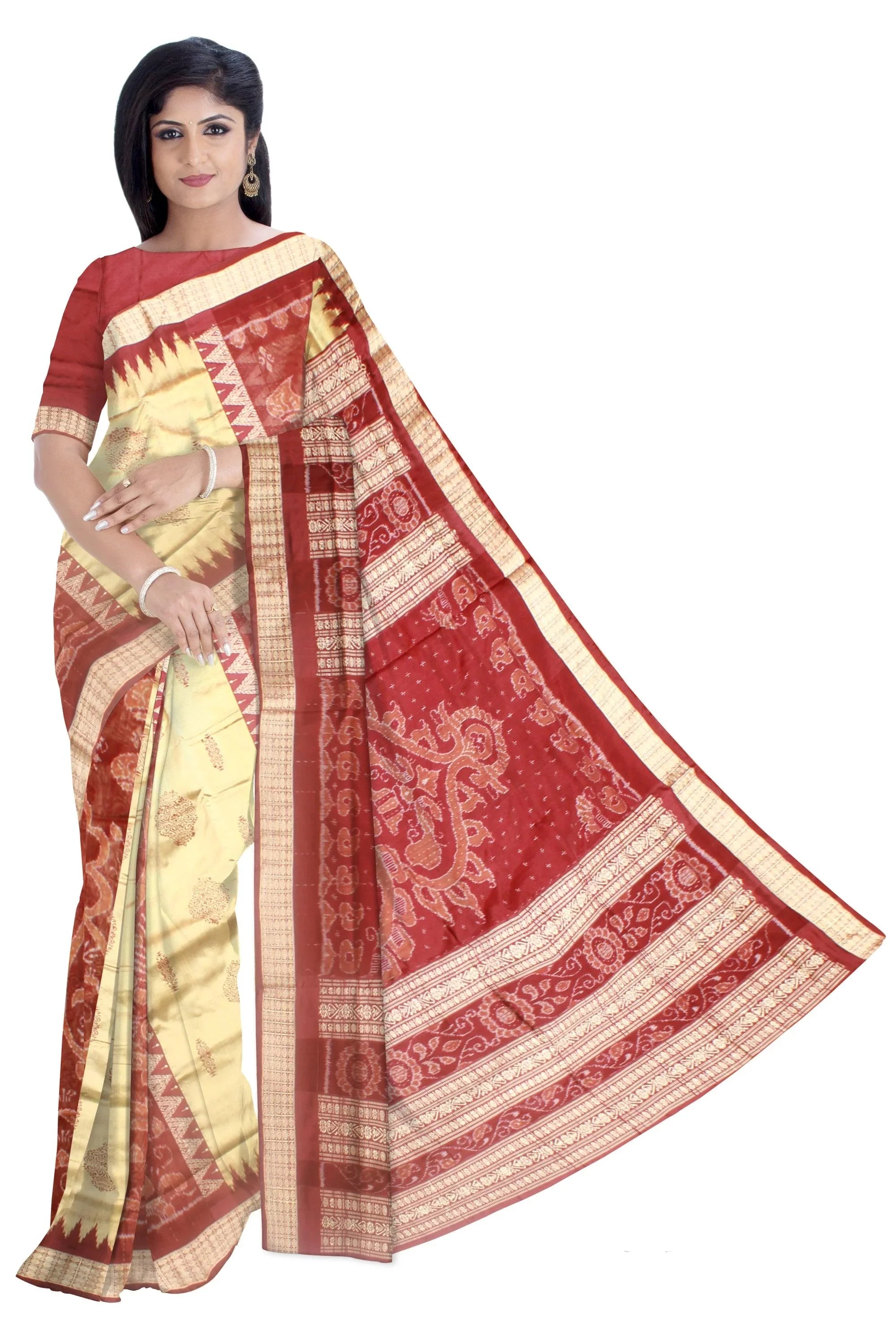 Sambalpuri Bomkei Pata Saree in Maroon and Gheee colour in body booty flower or sankh design with blouse piece. - Koshali Arts & Crafts Enterprise