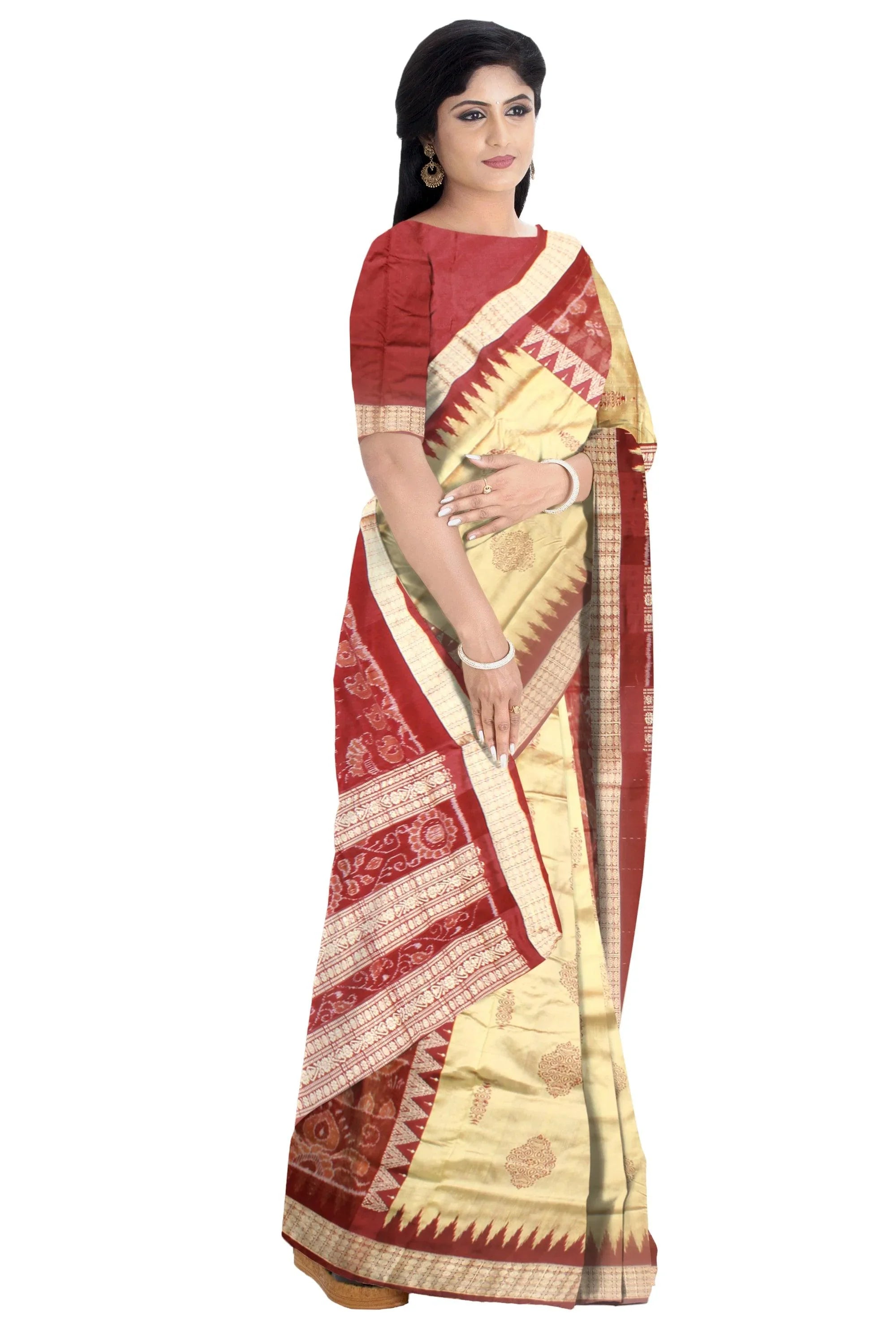 Sambalpuri Bomkei Pata Saree in Maroon and Gheee colour in body booty flower or sankh design with blouse piece. - Koshali Arts & Crafts Enterprise