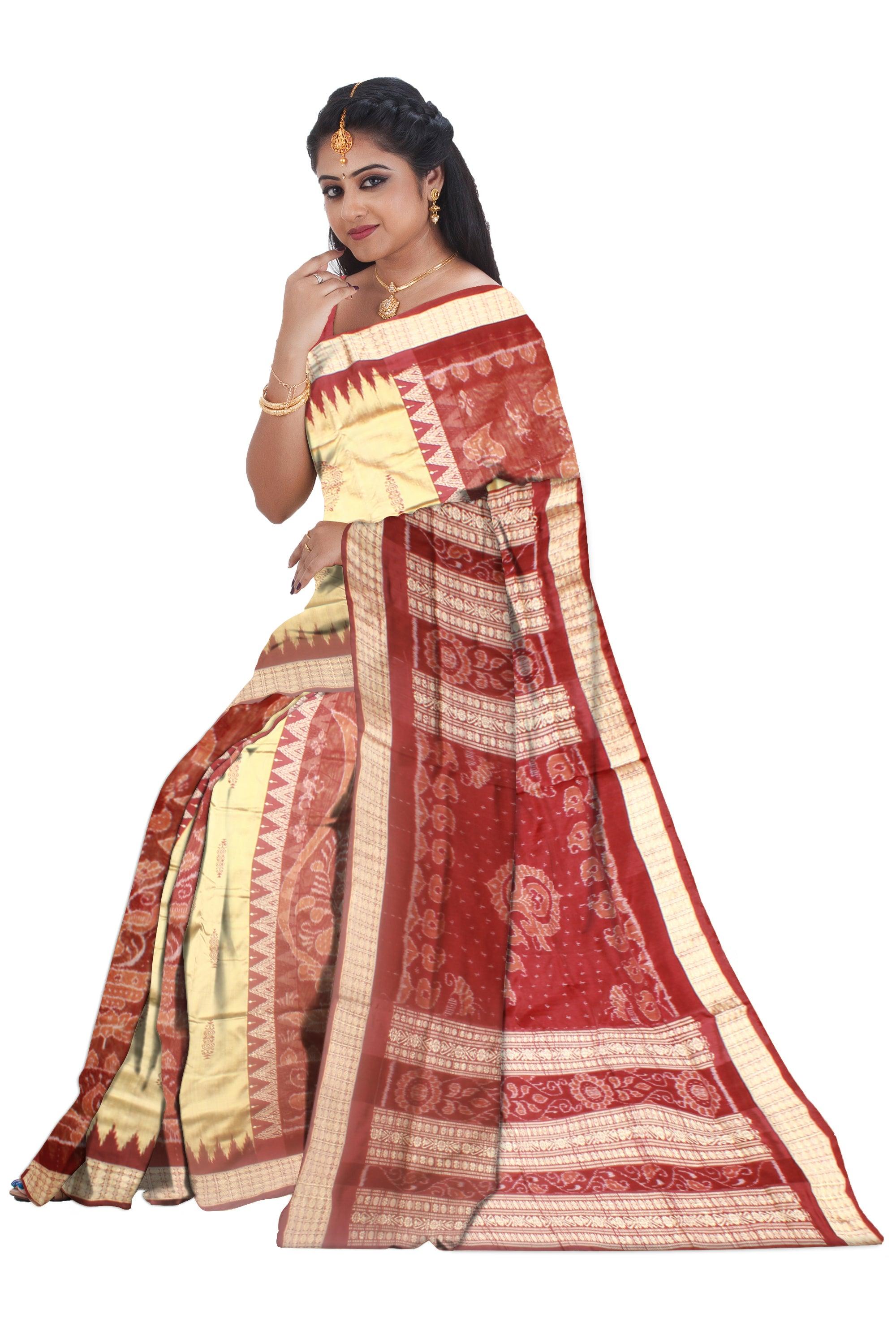 Sambalpuri Bomkei Pata Saree in Maroon and Gheee colour in body booty flower or sankh design with blouse piece. - Koshali Arts & Crafts Enterprise
