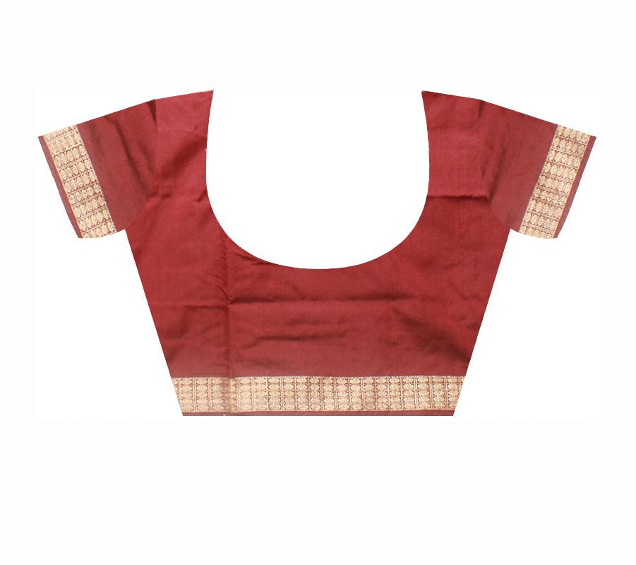 Sambalpuri Bomkei Pata Saree in Maroon and Gheee colour in body booty flower or sankh design with blouse piece. - Koshali Arts & Crafts Enterprise