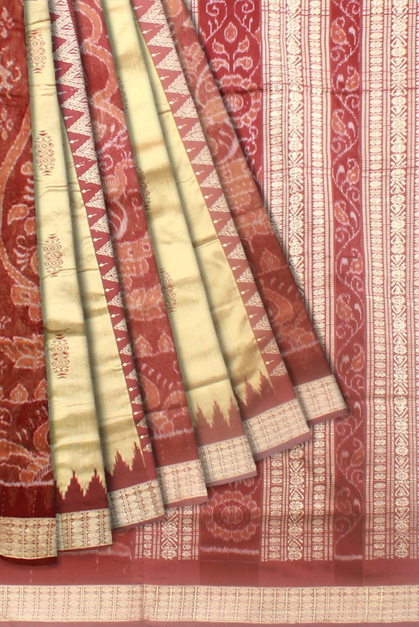 Sambalpuri Bomkei Pata Saree in Maroon and Gheee colour in body booty flower or sankh design with blouse piece. - Koshali Arts & Crafts Enterprise