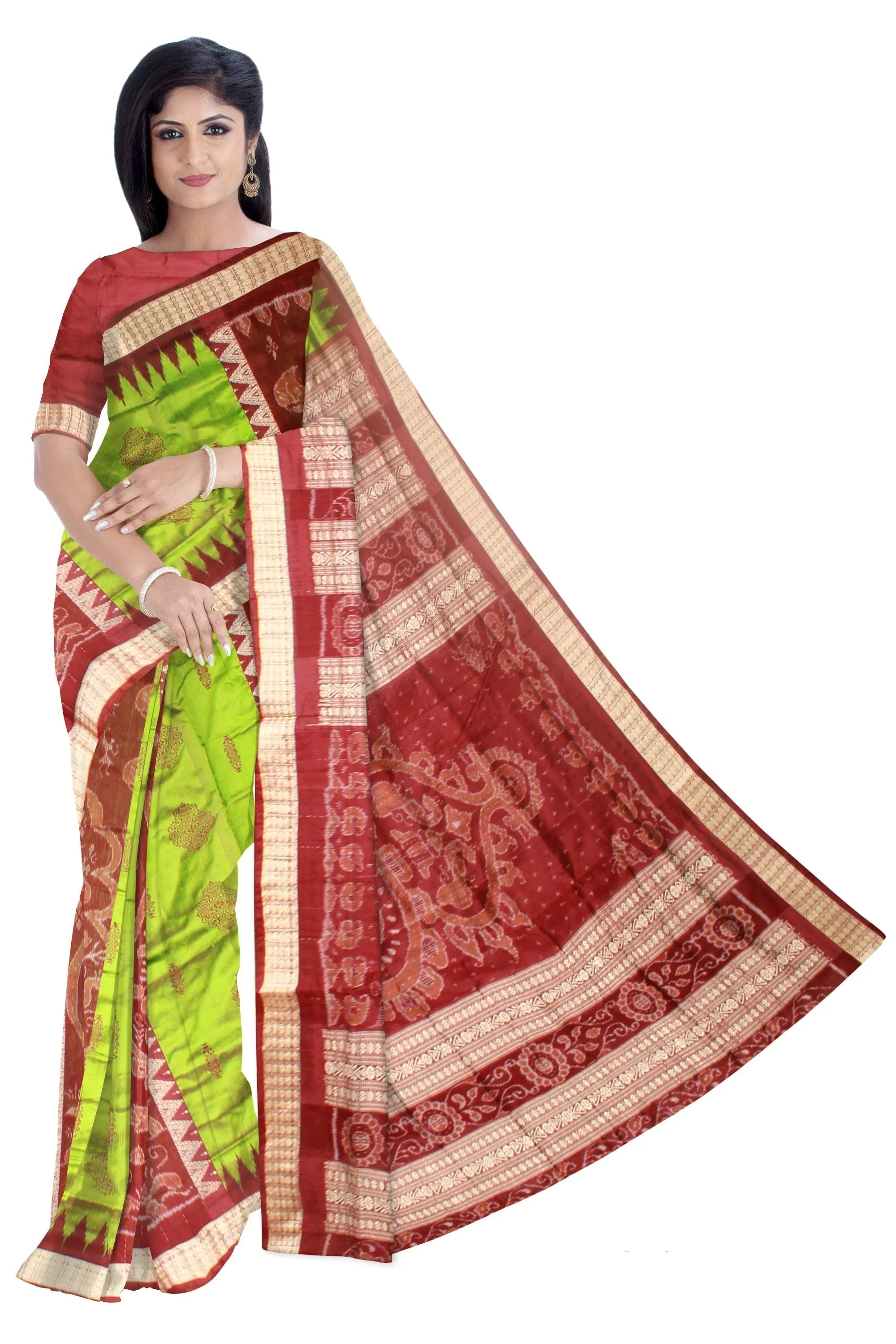 Sambalpuri Bomkei Pata Saree in Maroon and Green Color in botty design with maroon Border with blouse piece. - Koshali Arts & Crafts Enterprise
